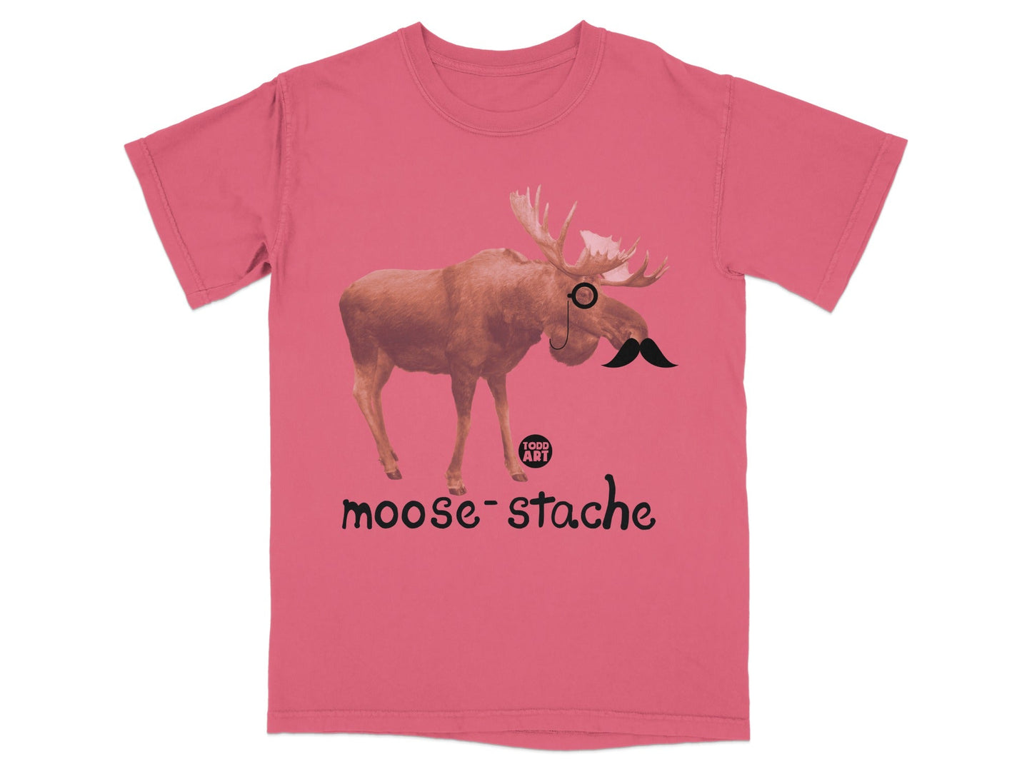 Pink t-shirt with a cartoon moose wearing a monocle and mustache.