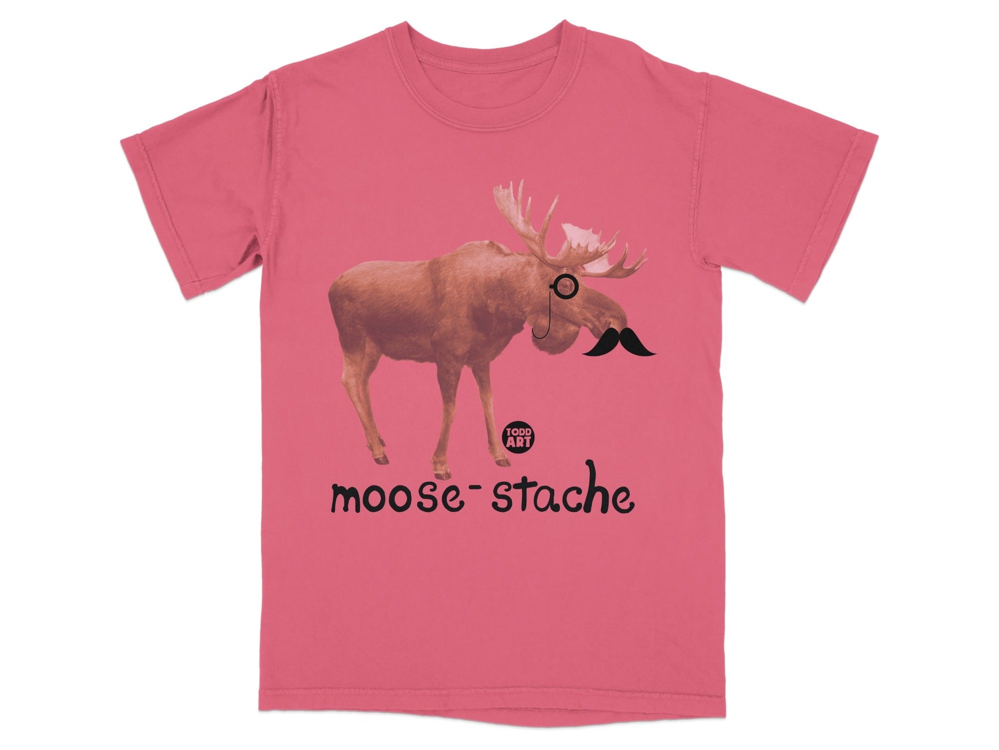 Pink t-shirt with a cartoon moose wearing a monocle and mustache.