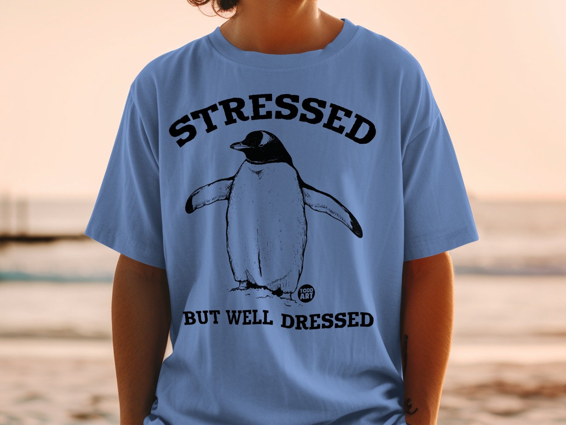 Blue t-shirt with a penguin graphic and text "STRESSED BUT WELL DRESSED".