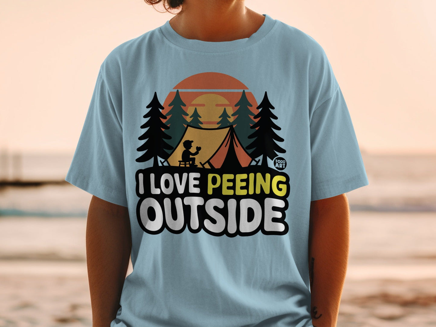 Light blue t-shirt with "I LOVE PE‚Äùing OUTSIDE" text and camping graphic.