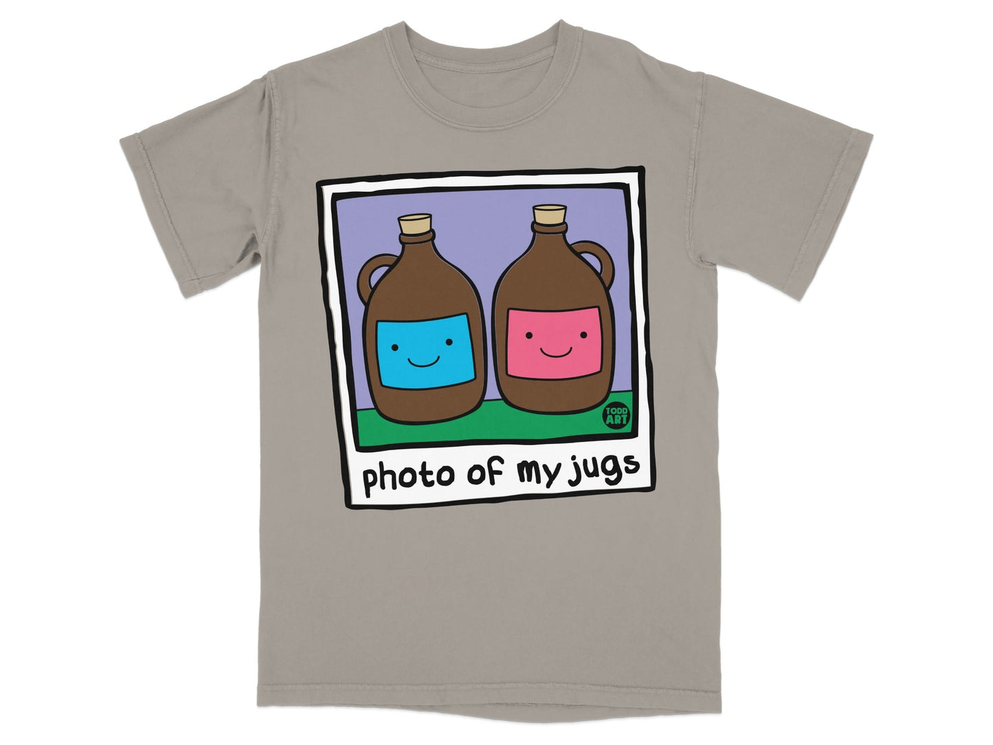 Two jugs with smiling blue and pink faces on a gray t-shirt.