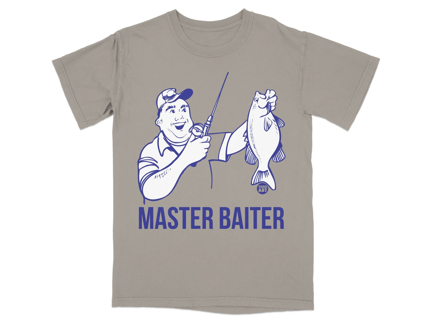 Man holding a fish with "MASTER BAITER" text below.