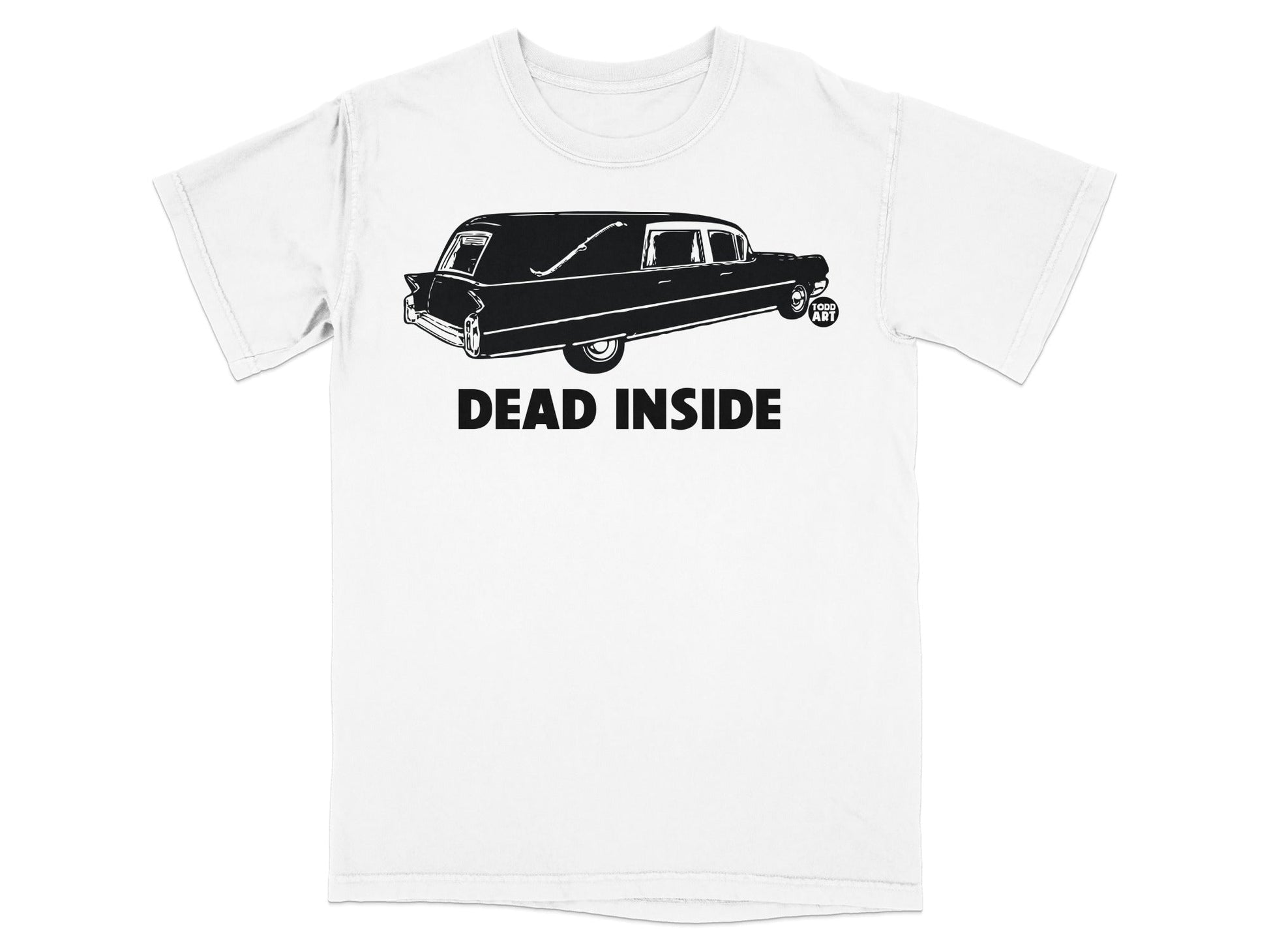 T-shirt with a hearse graphic and the text "DEAD INSIDE".