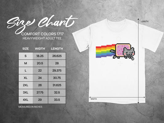 Size chart for Comfort Colors 1717 heavyweight adult tee, measured in inches.