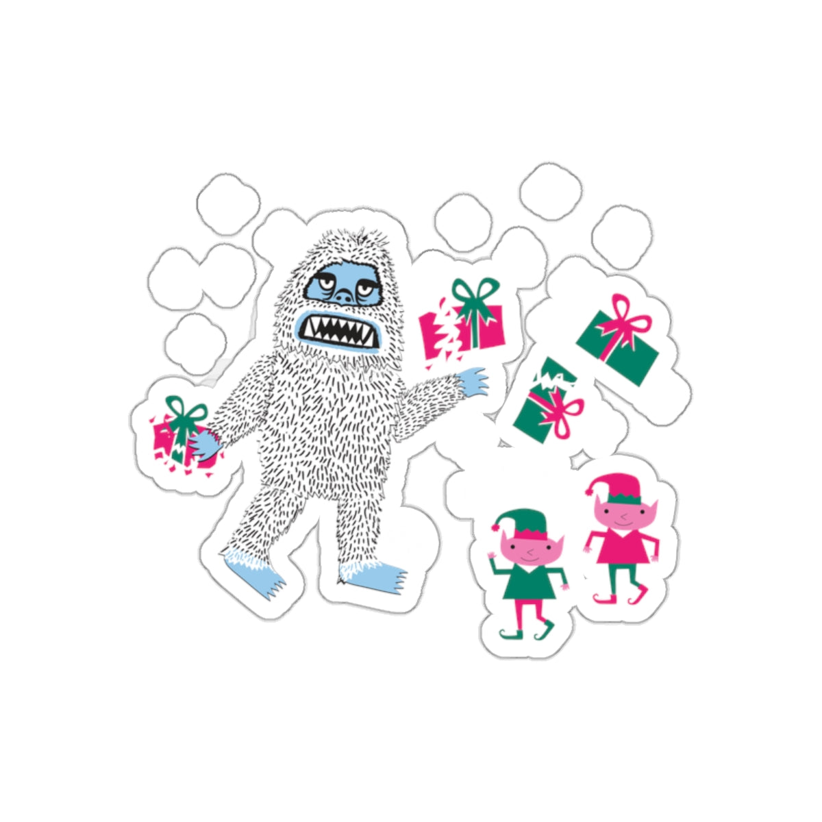 Yeti Holding Presents With Elves Christmas Sticker Set