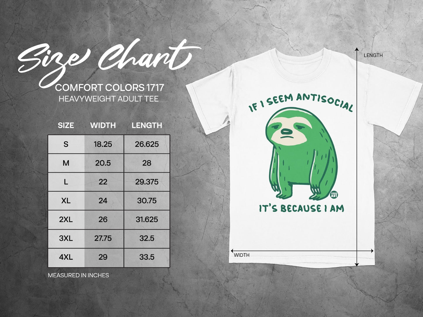 Size chart with measurements for Comfort Colors 1717 heavyweight adult tee.