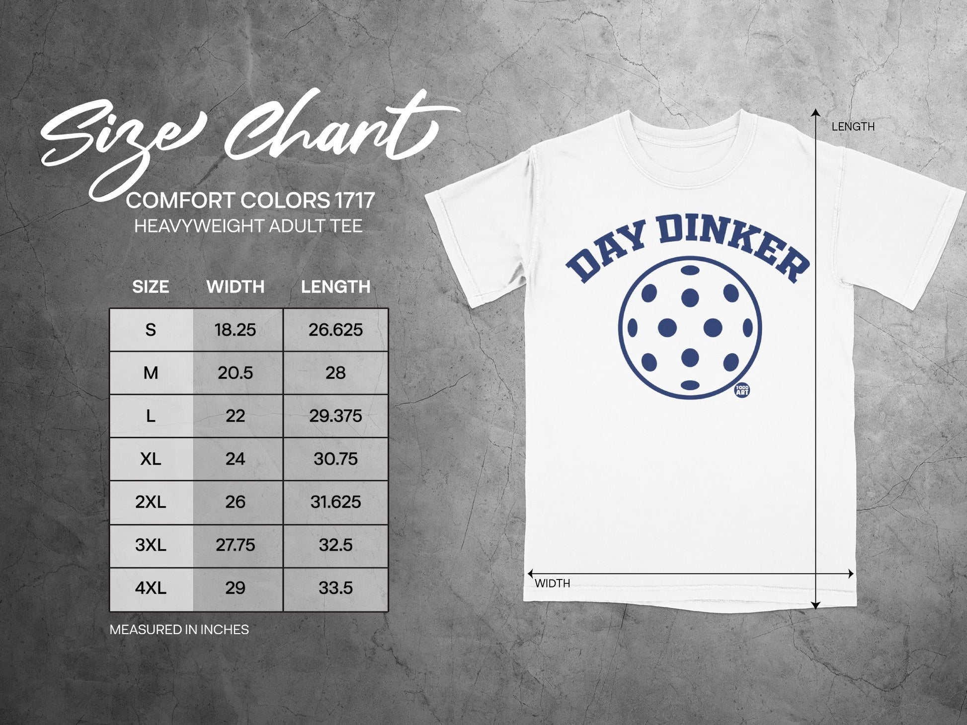 Comfort Colors 1717 size chart with "Day Dinker" logo.