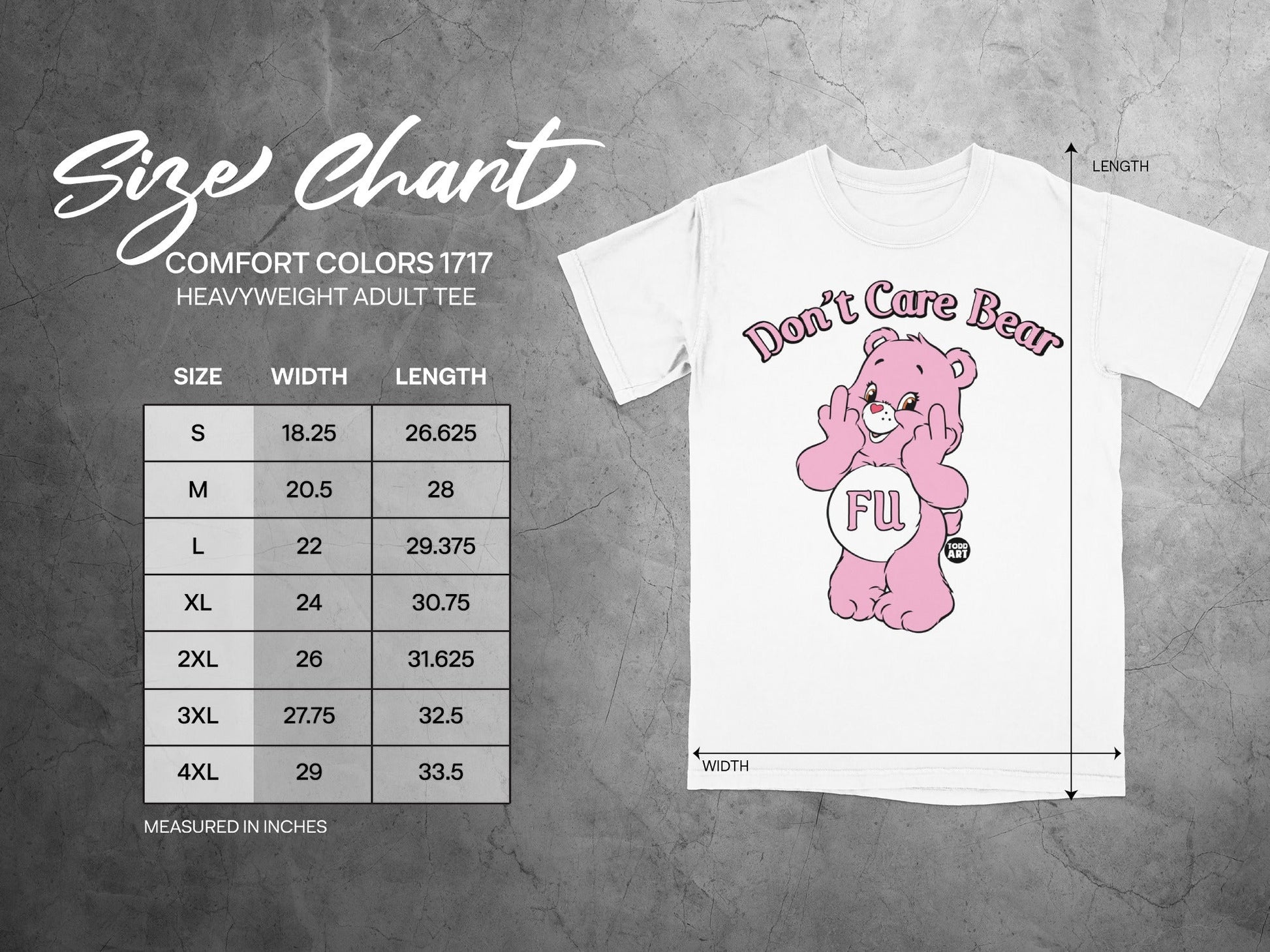 Size chart for Comfort Colors 1717 heavyweight adult tee with Don't Care Bear graphic.