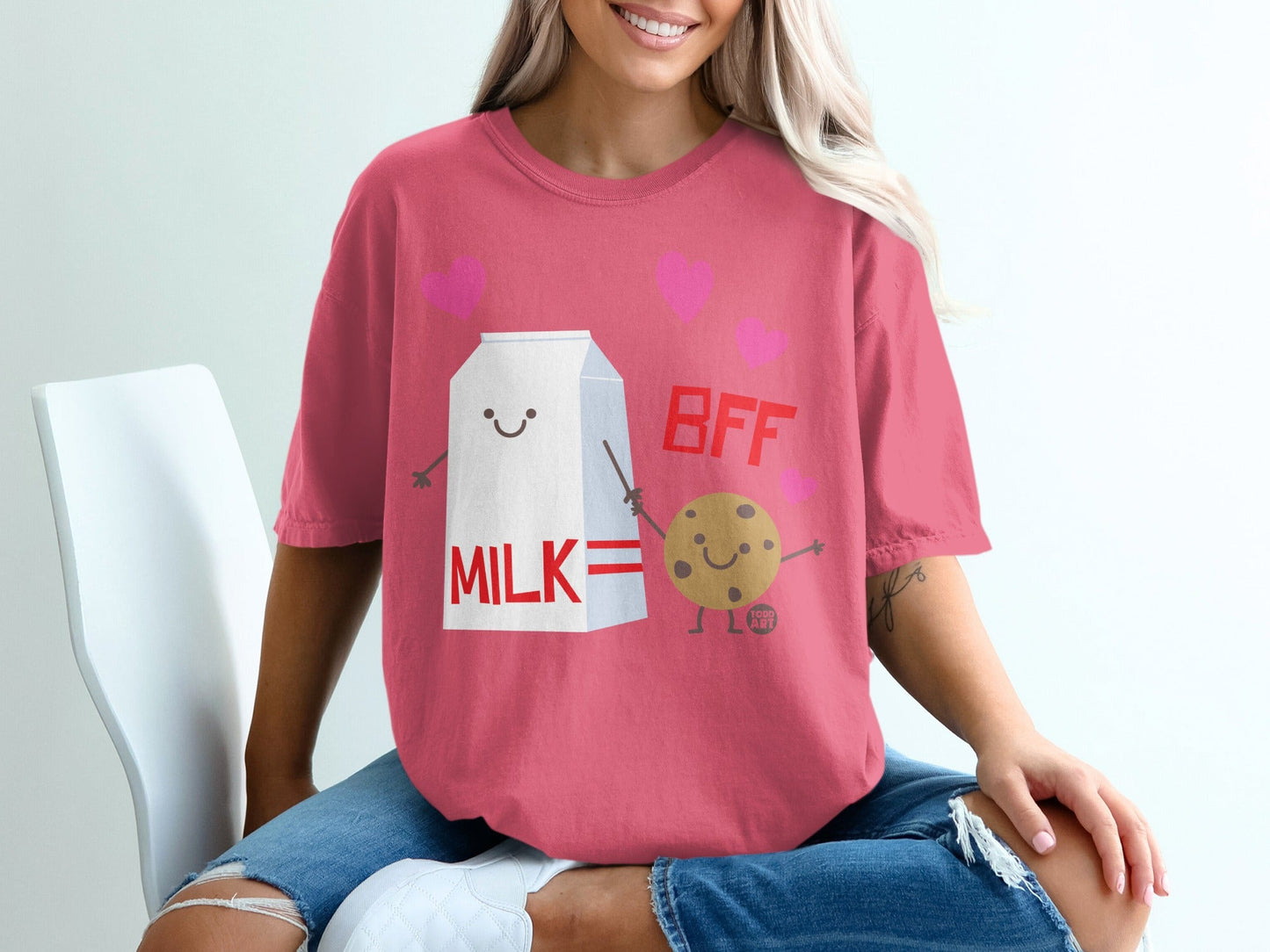 Cute Milk and Cookie BFF Graphic Pink T-Shirt