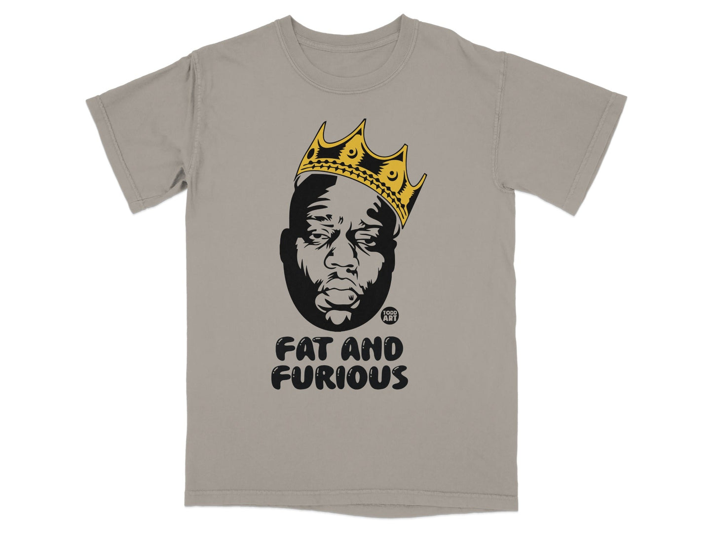 T-shirt with "Fat and Furious" text and Notorious B.I.G. portrait.