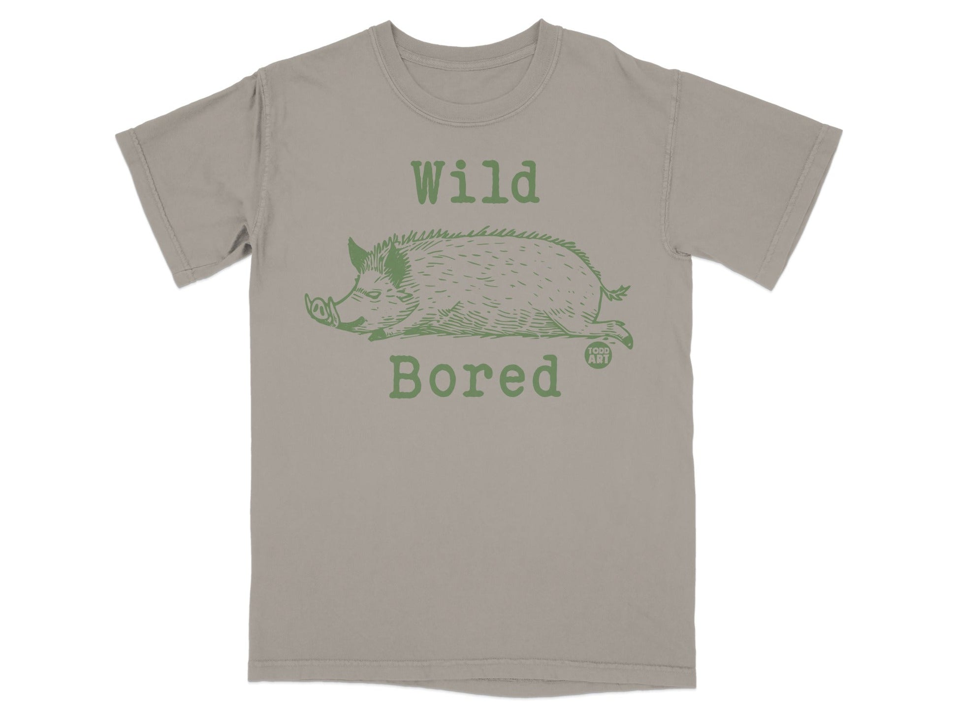 T-shirt with green wild boar illustration and text "Wild Bored"