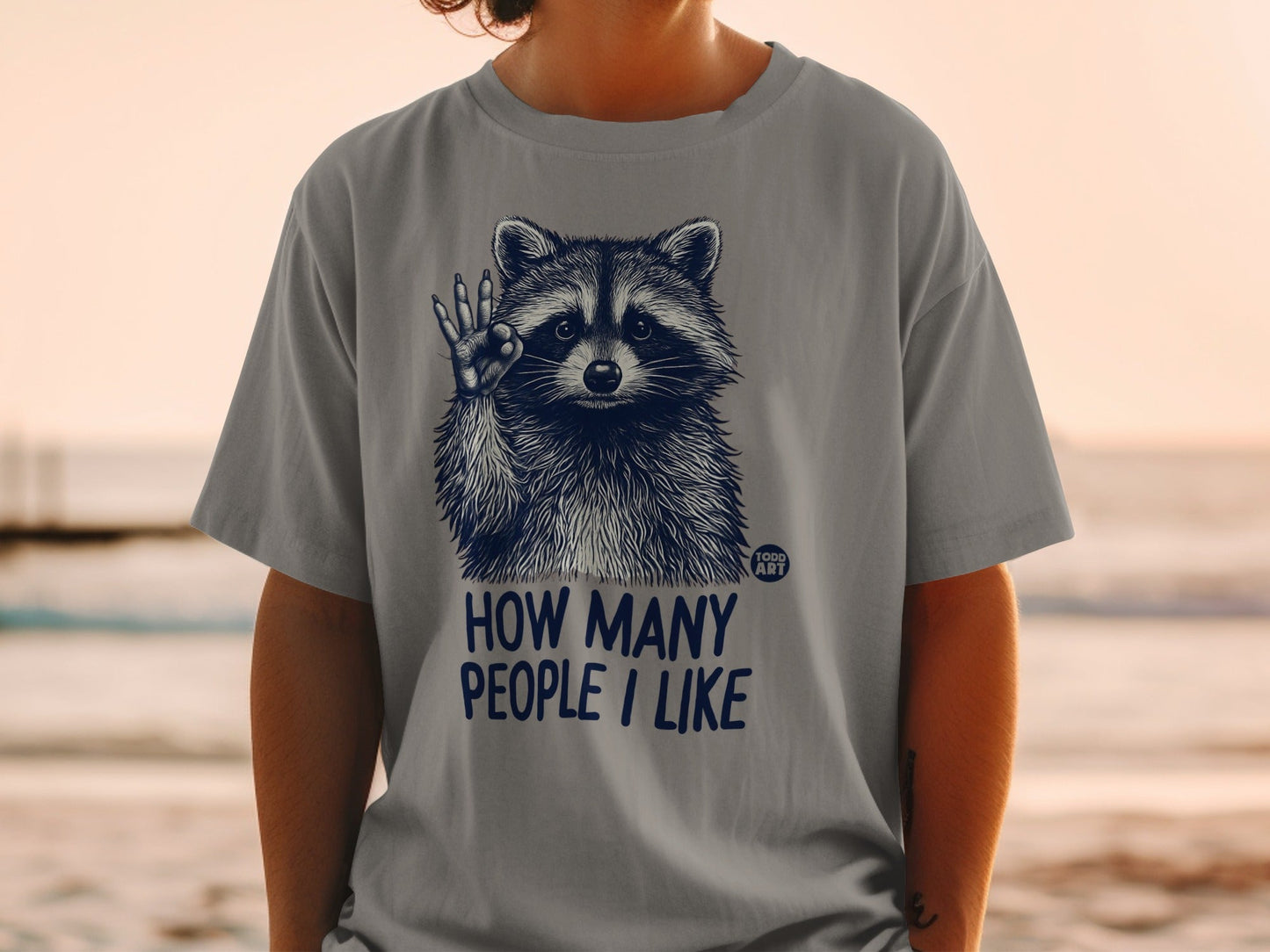 Gray t-shirt with a raccoon and the text "HOW MANY PEOPLE I LIKE".
