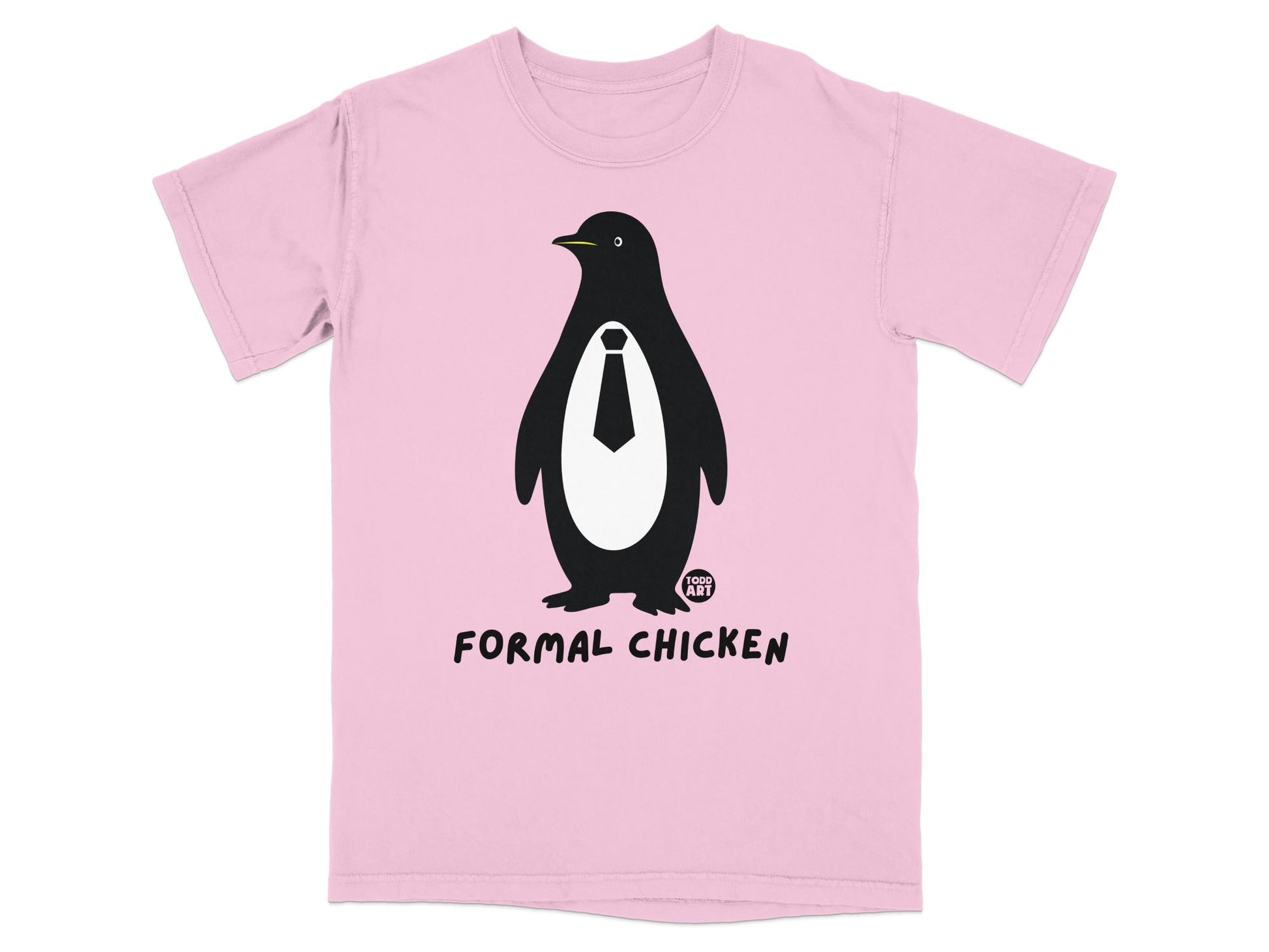 Pink t-shirt with a black penguin wearing a tie, text "FORMAL CHICKEN".