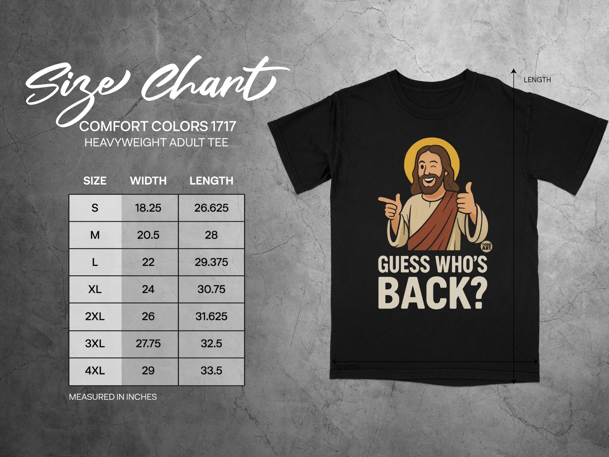 Size chart for Comfort Colors 1717 heavyweight adult tee with graphic.