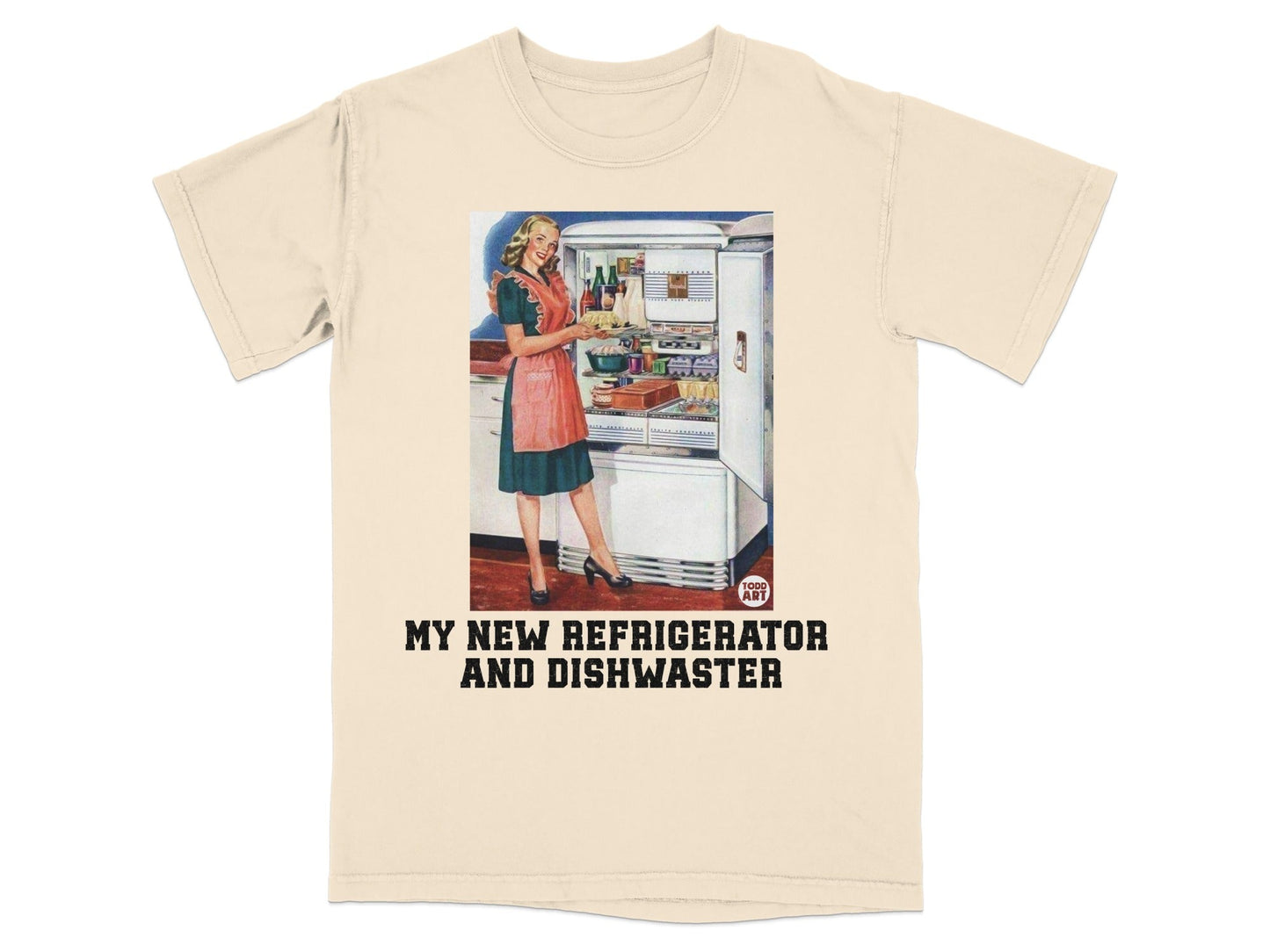 Woman in apron opens vintage refrigerator with text "MY NEW REFRIGERATOR AND DISHWASHER".