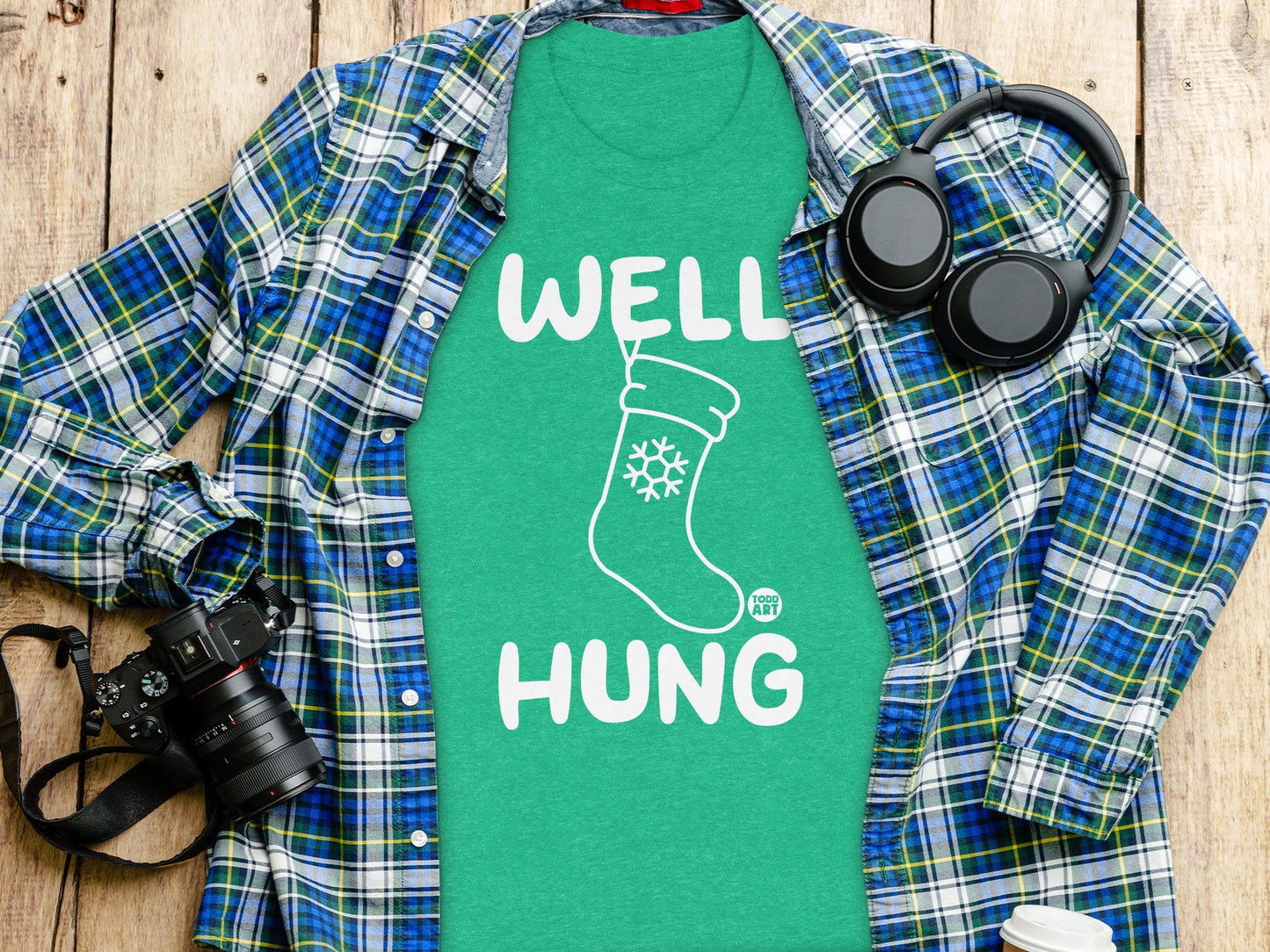 WELL HUNG Fun Christmas Stocking Graphic T-Shirt