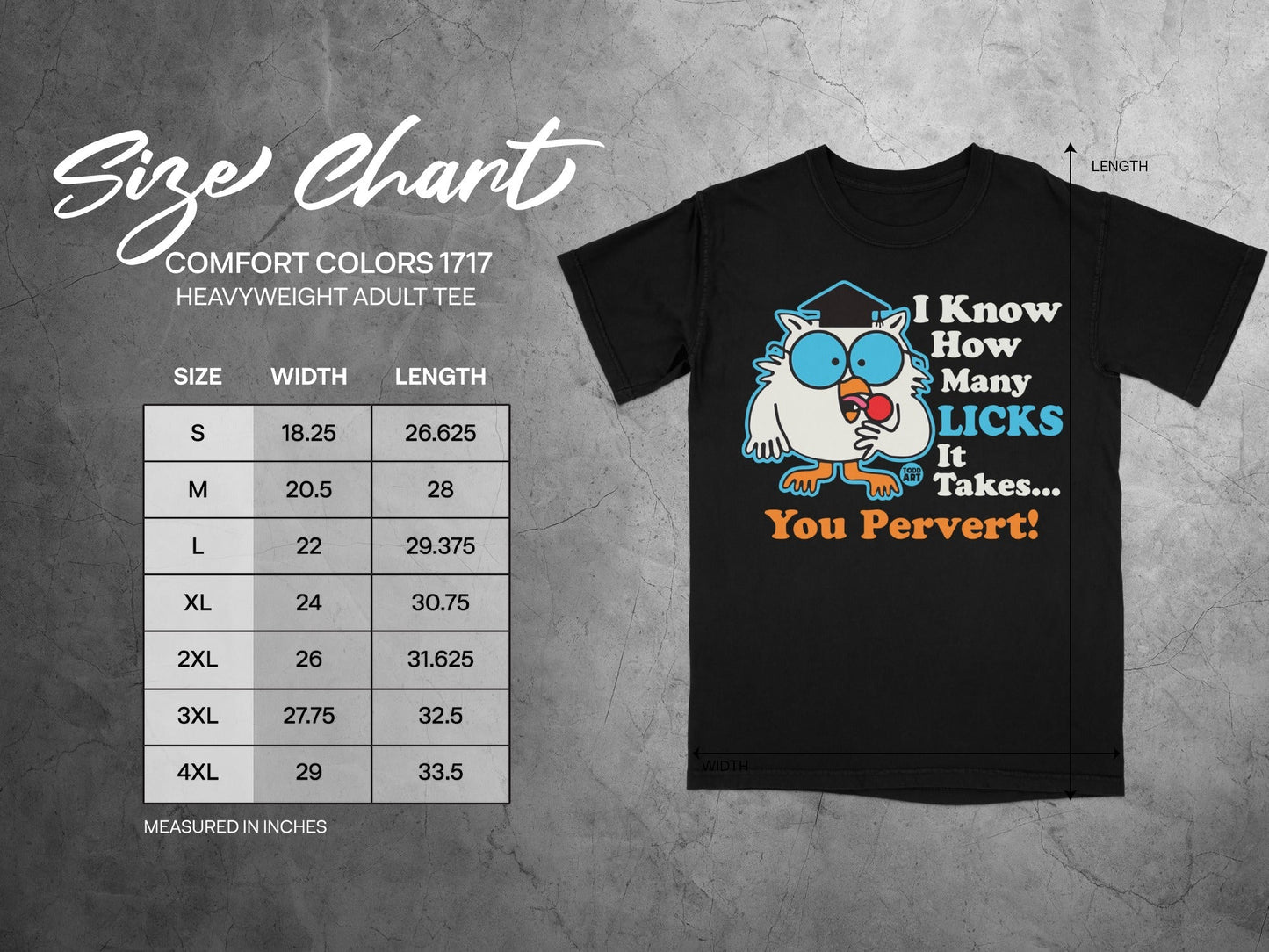 Comfort Colors 1717 heavy adult tee size chart and owl graphic with text.