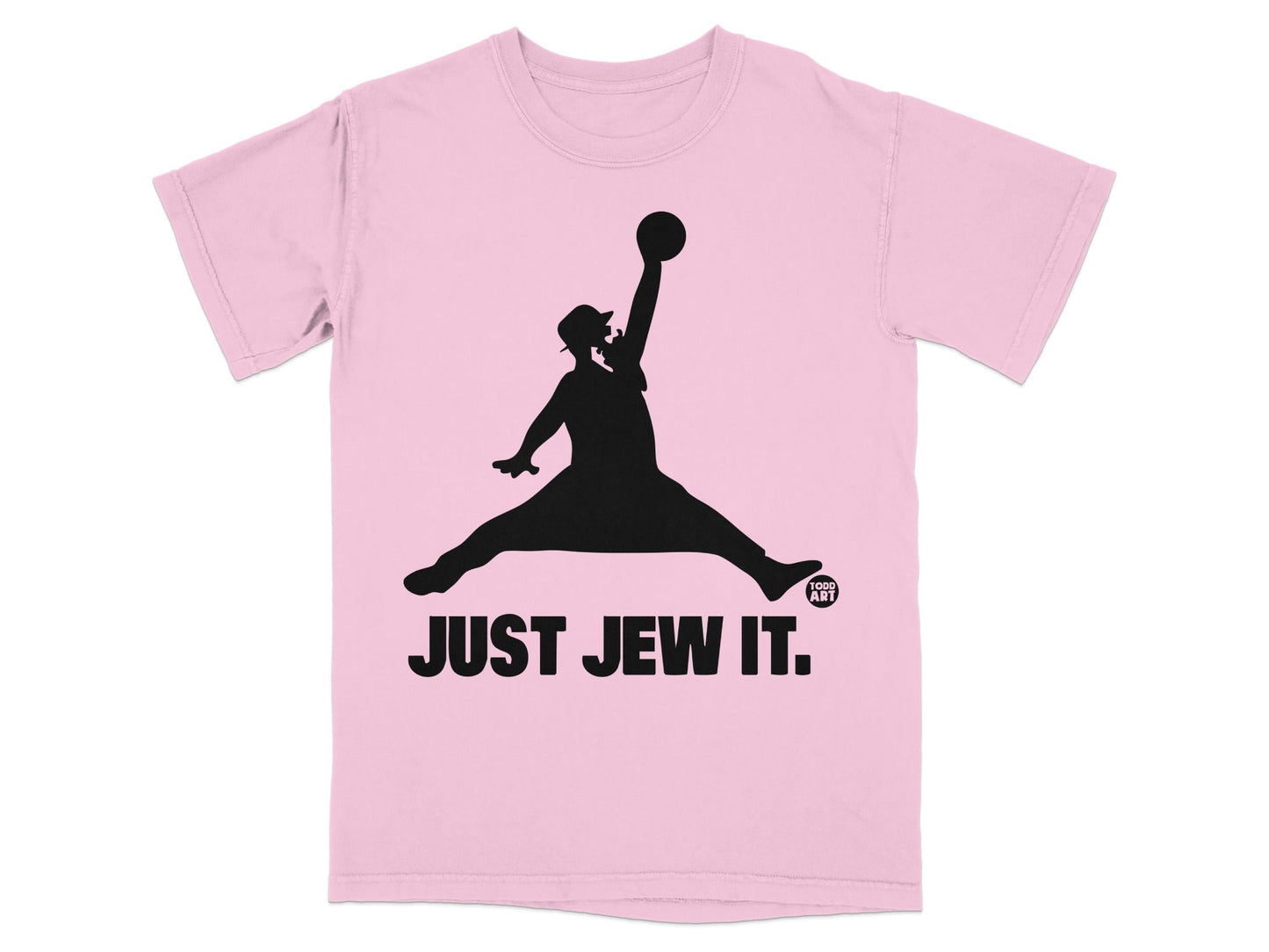 Pink t-shirt with silhouette of Michael Jordan jumping, but wearing a fedora and holding a menorah. Text reads "JUST JEW IT."