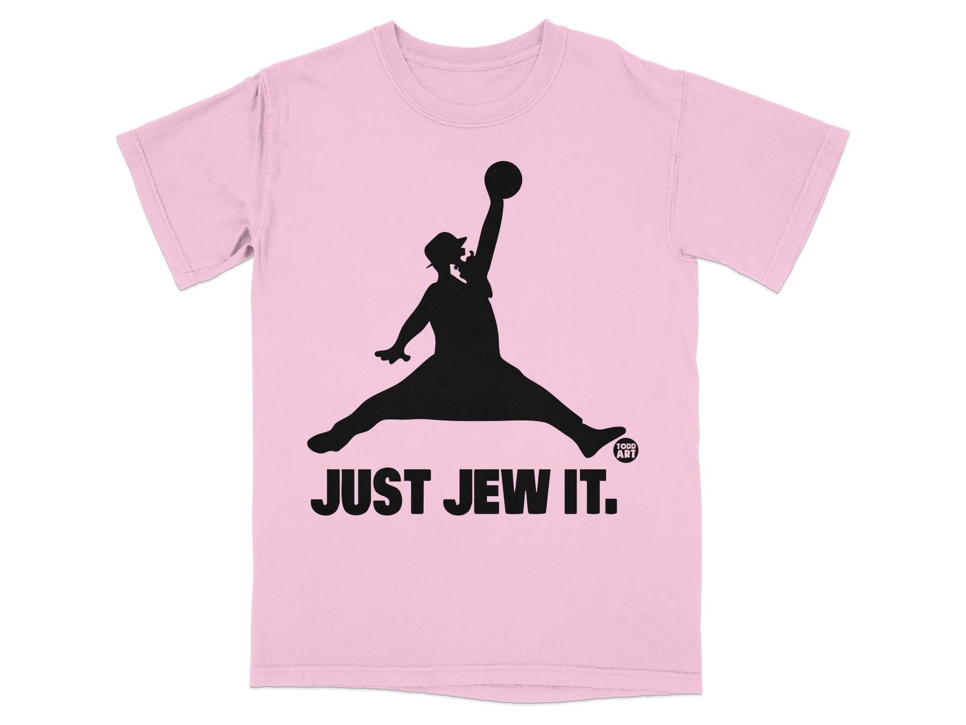 Pink t-shirt with silhouette of Michael Jordan jumping, but wearing a fedora and holding a menorah. Text reads "JUST JEW IT."