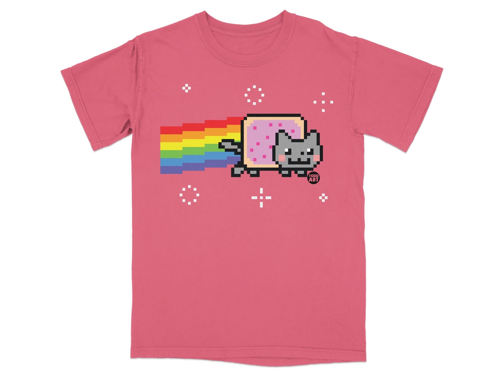 Pink t-shirt with pixelated Nyan Cat leaving a rainbow trail.