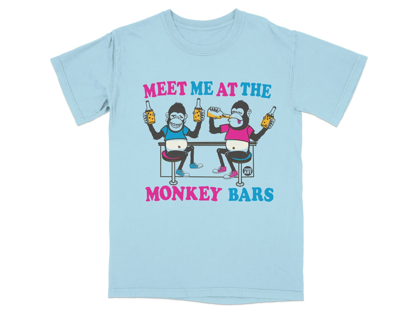 Light blue t-shirt with cartoon monkeys drinking beer with "Meet Me at Monkey Bars" text.