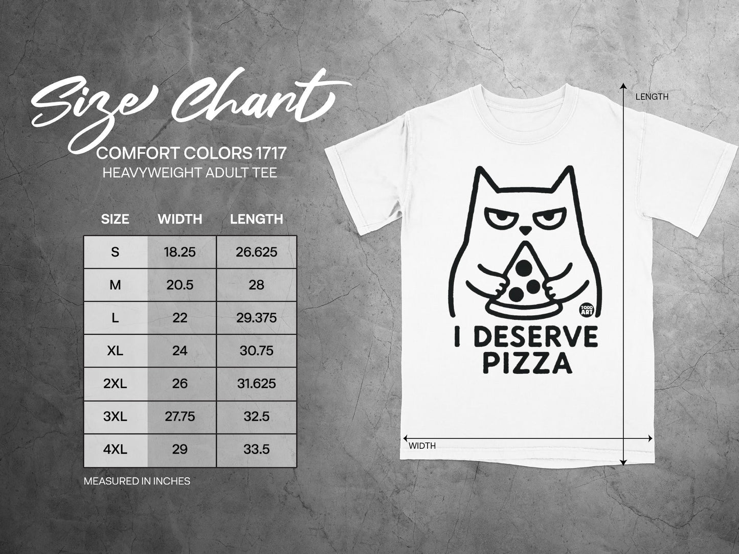 Size chart for Comfort Colors 1717 heavyweight adult tee with pizza cat graphic.