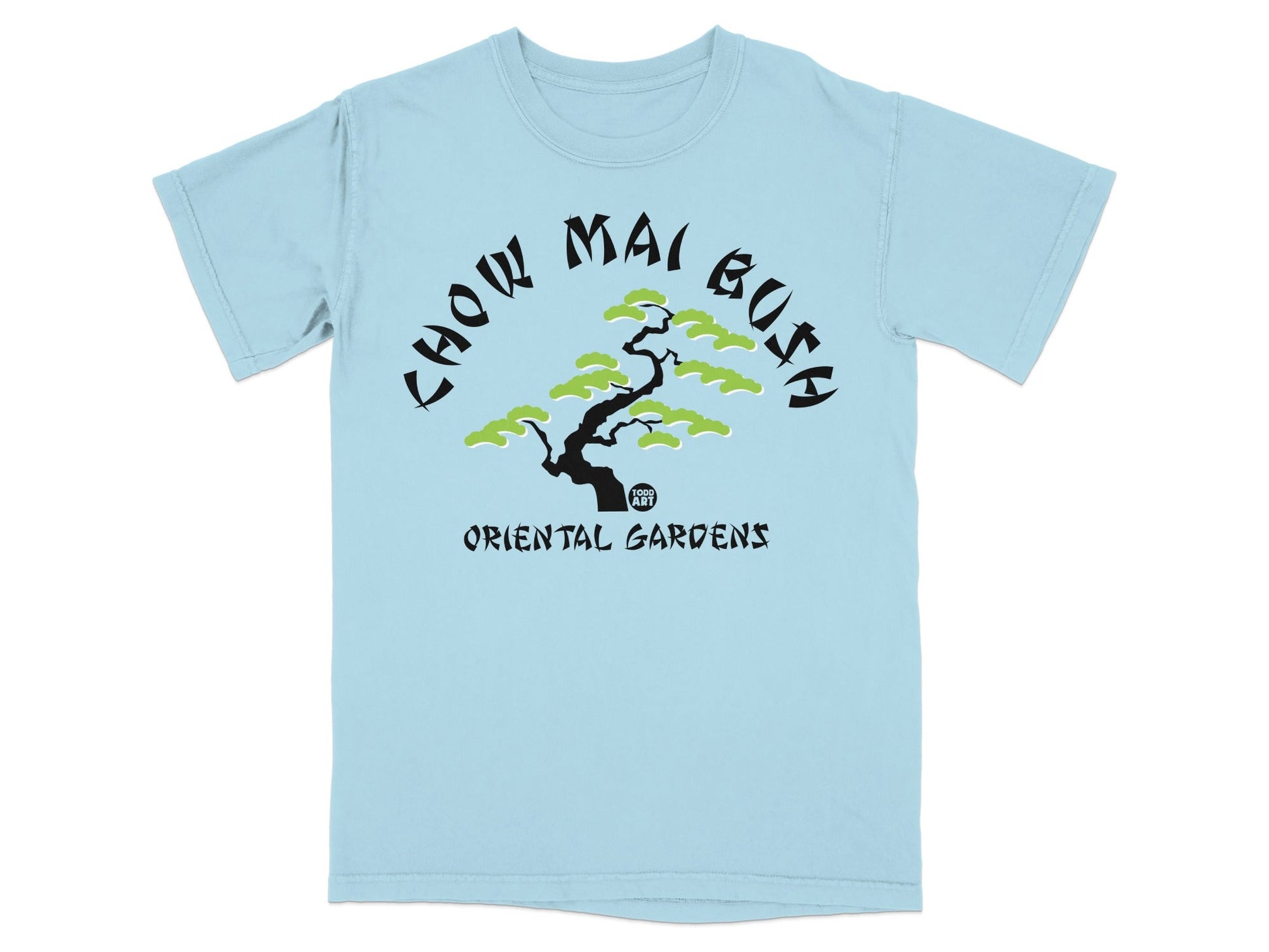 Light blue t-shirt with "Chow Mai Bush Oriental Gardens" text and a tree graphic.