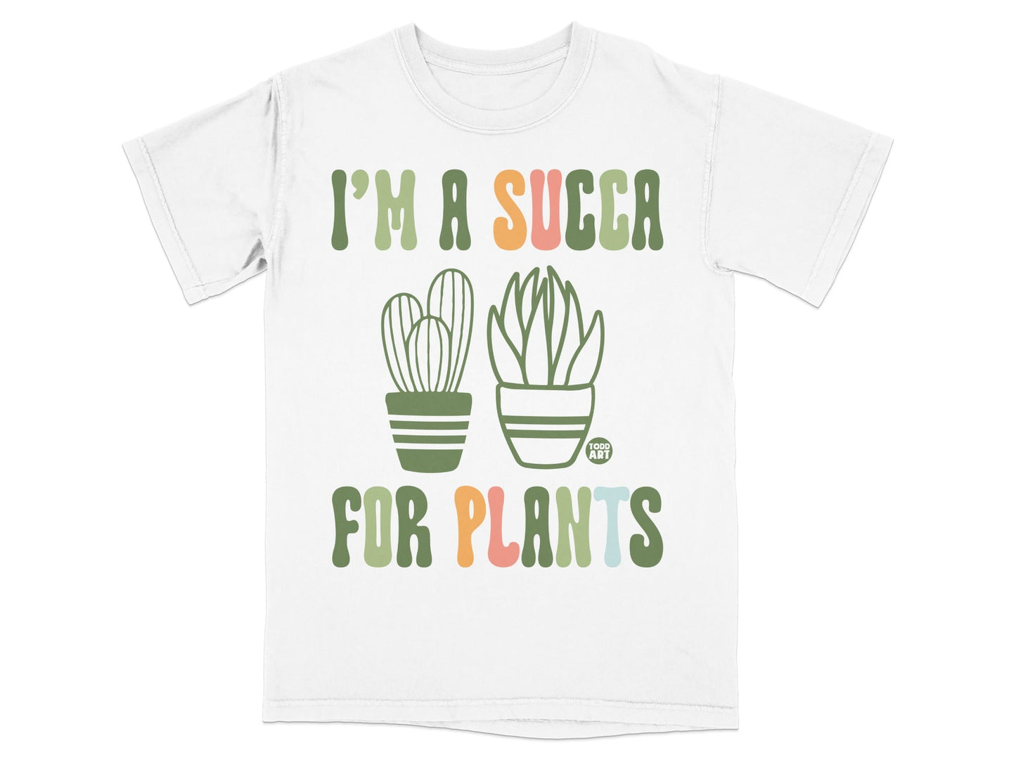 White t-shirt with "I'm a succa for plants" text and potted succulents.