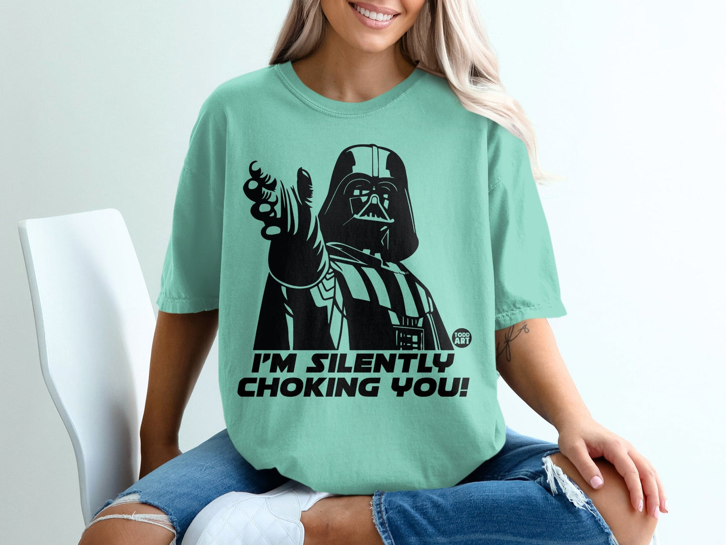 Darth Vader pointing forward with text "I'M SILENTLY CHOKING YOU!"
