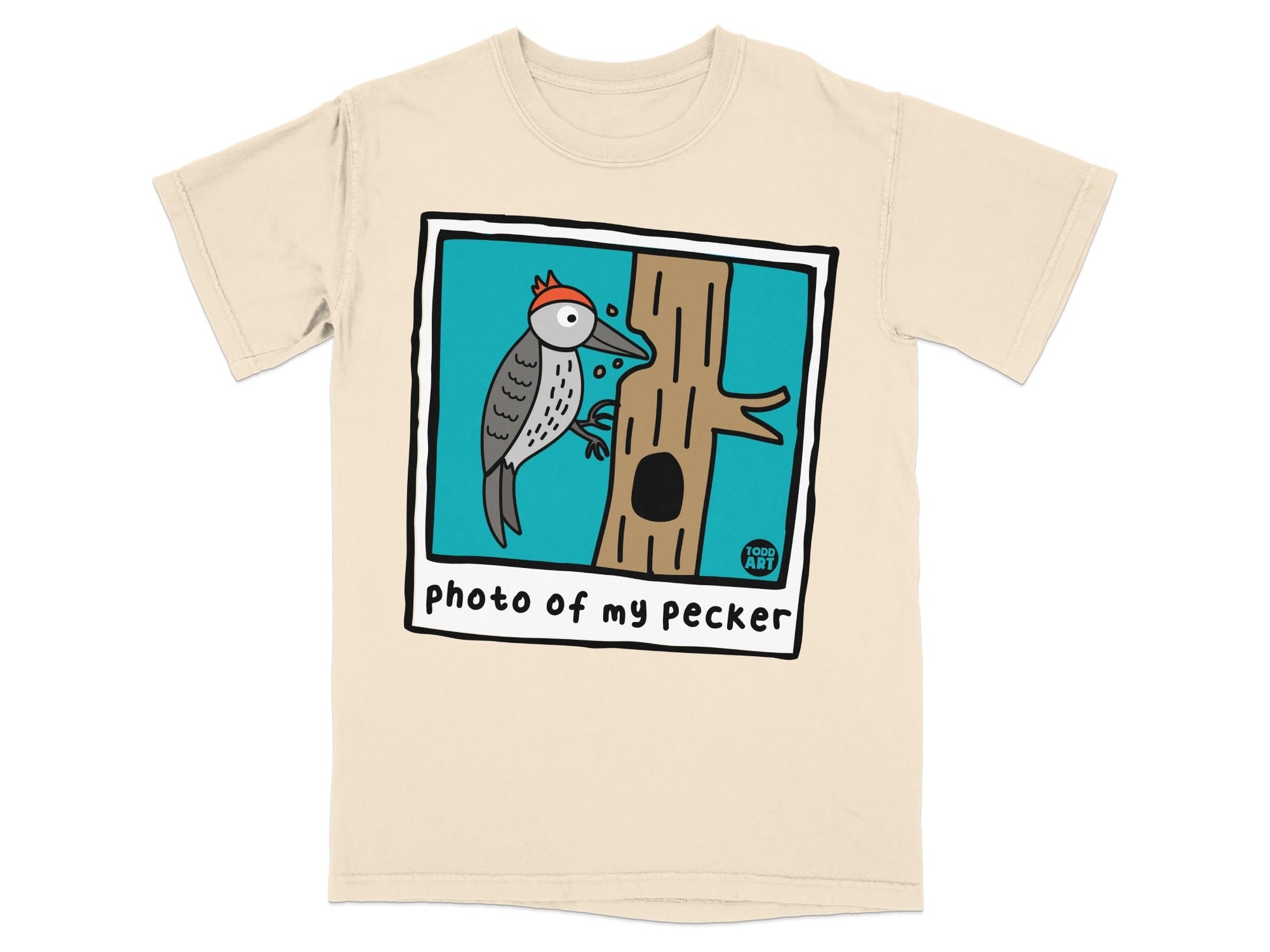 Cartoon woodpecker on a tree with text "photo of my pecker".