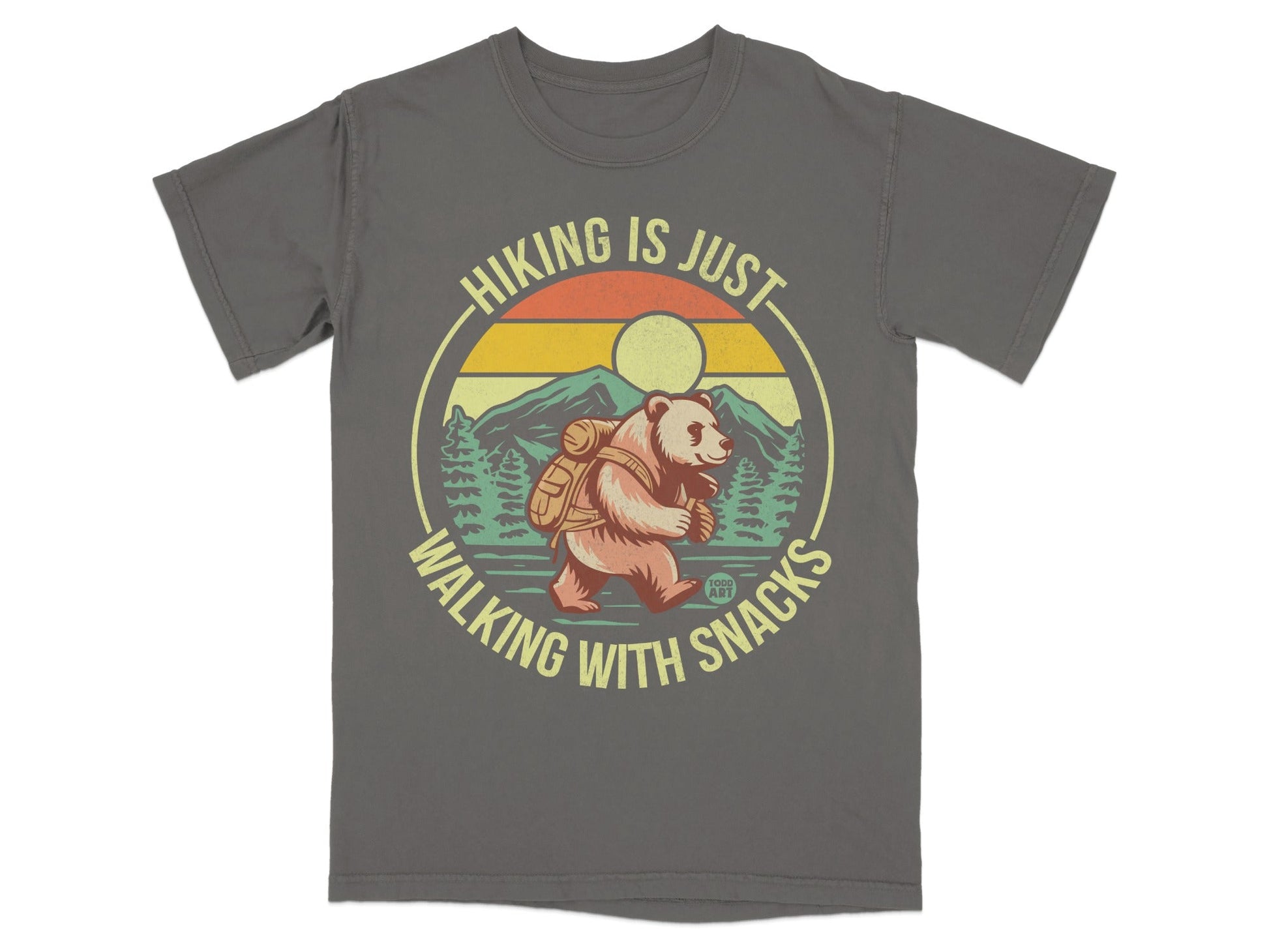 T-shirt with bear hiking graphic and text "Hiking is just walking with snacks".