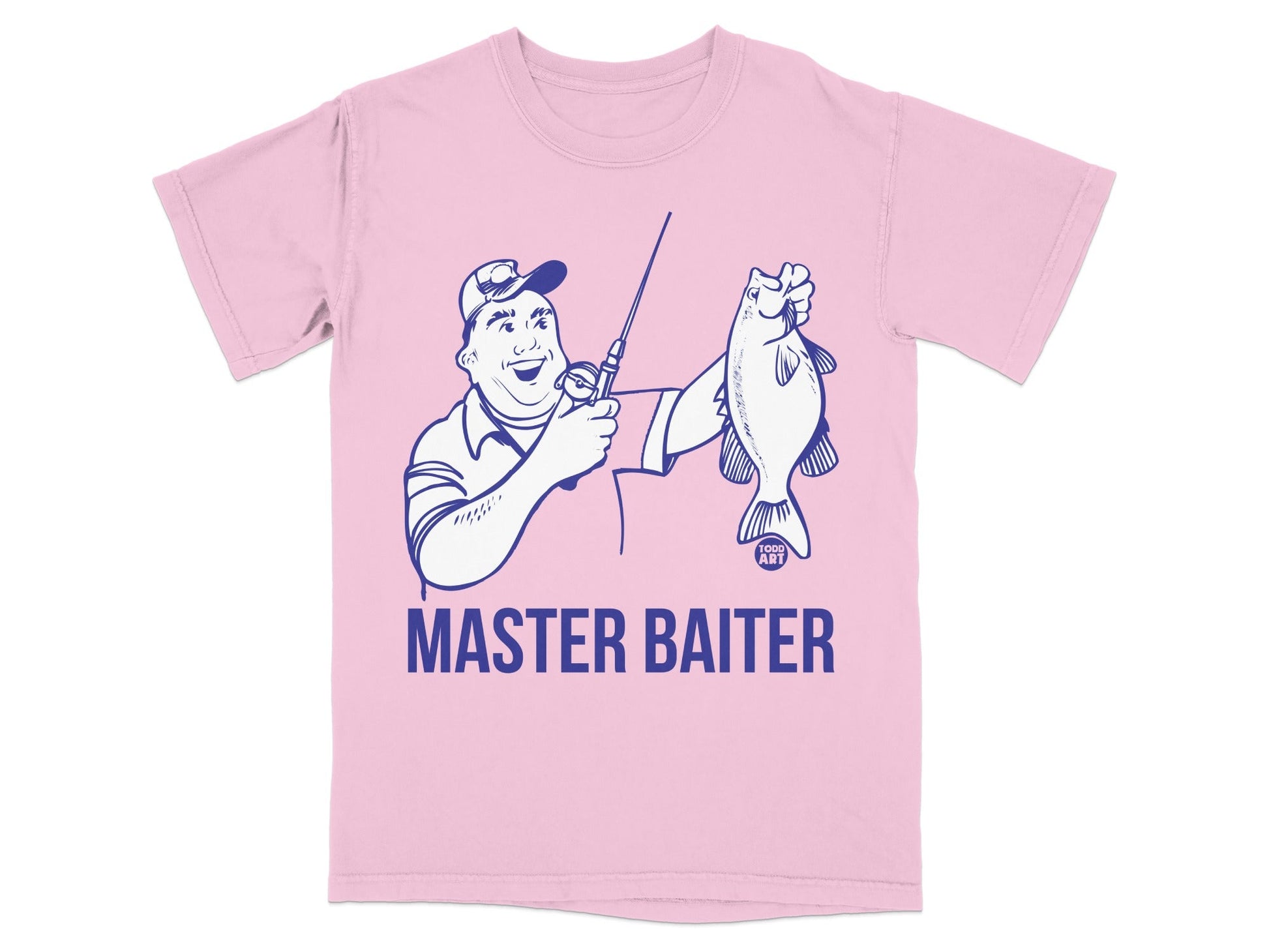Cartoon man holding a fish, wearing a pink t-shirt with "MASTER BAITER" text.