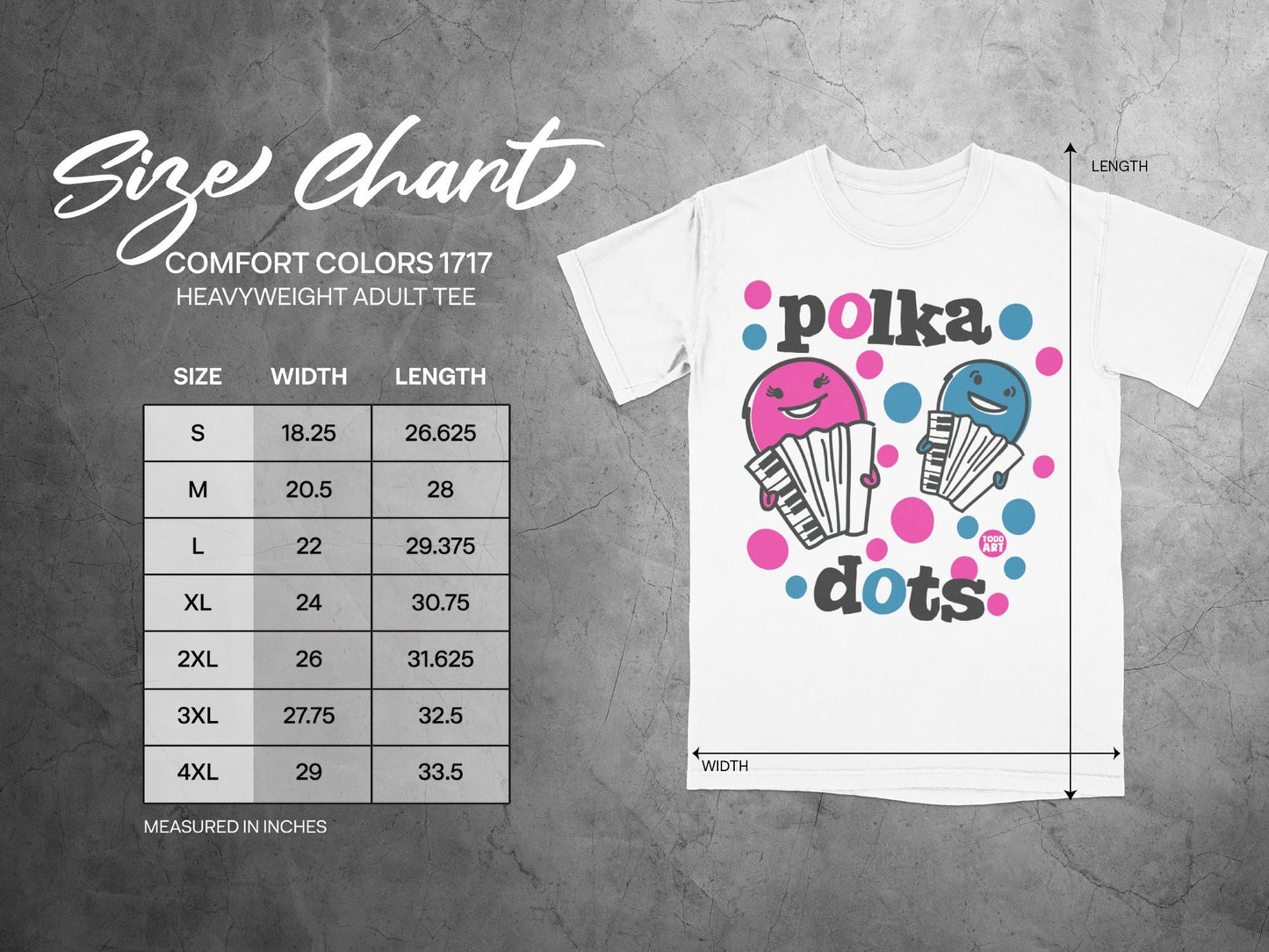 Size chart for Comfort Colors 1717 heavyweight adult tee, measured in inches.