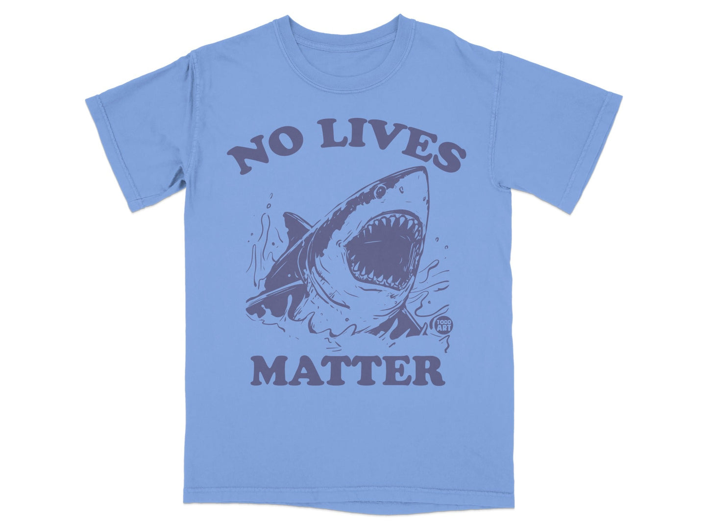Blue t-shirt with shark graphic and text "NO LIVES MATTER".