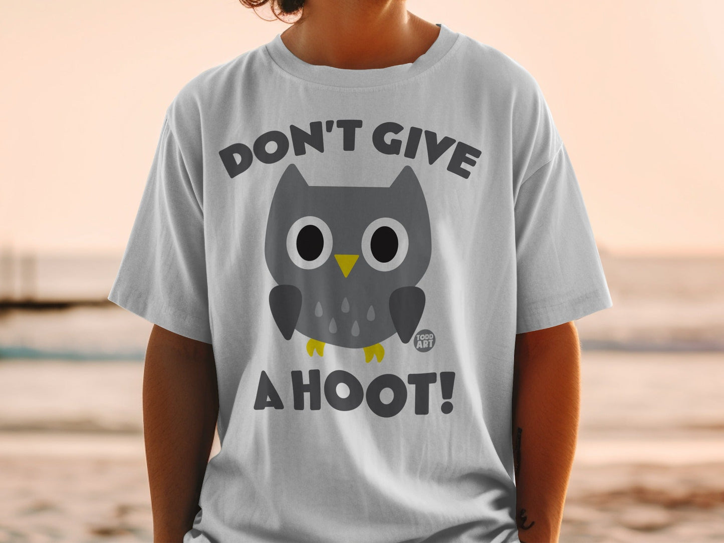 Gray t-shirt with "DON'T GIVE A HOOT!" and owl graphic.
