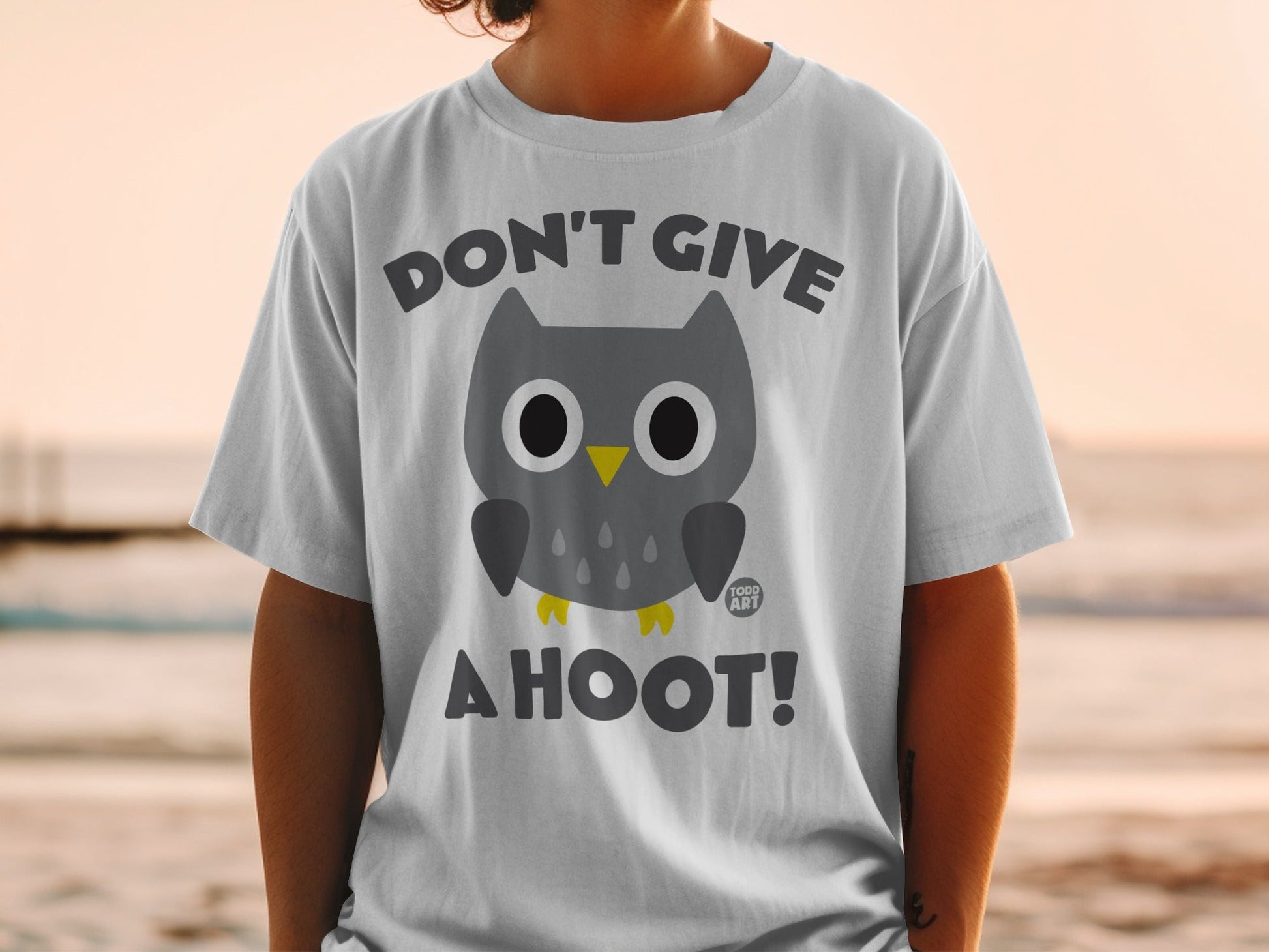 Gray t-shirt with "DON'T GIVE A HOOT!" and owl graphic.