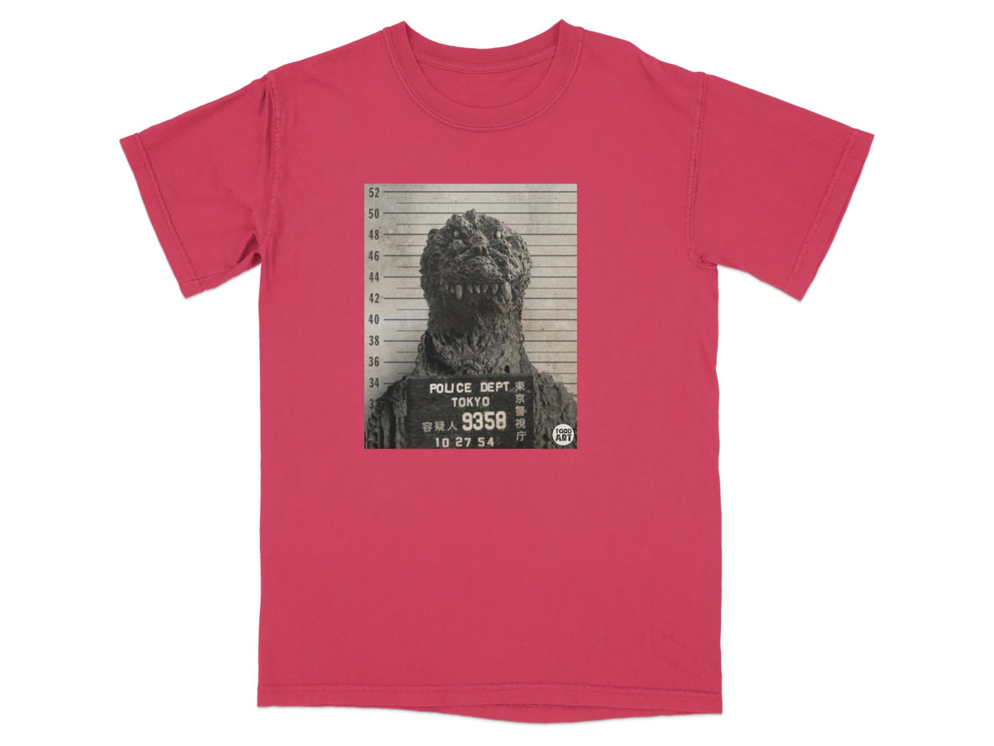 Godzilla mugshot with Tokyo police department text.