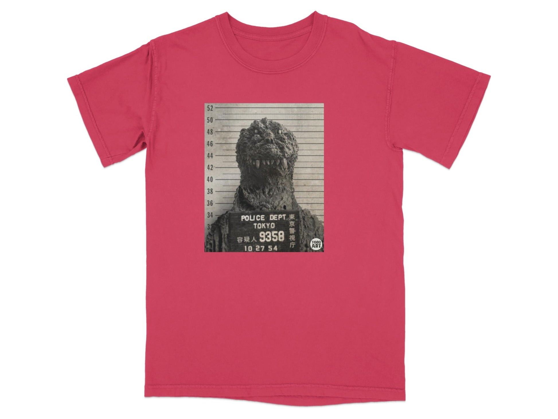 Godzilla mugshot with Tokyo police department text.