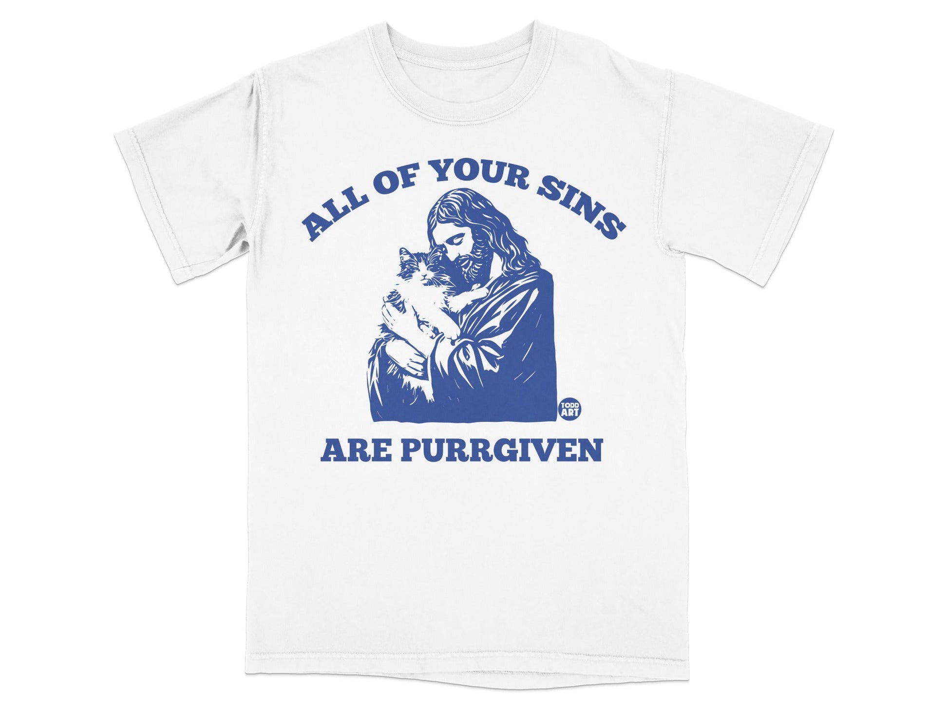 T-shirt with Jesus holding a cat, text "ALL OF YOUR SINS ARE PURRGIVEN".
