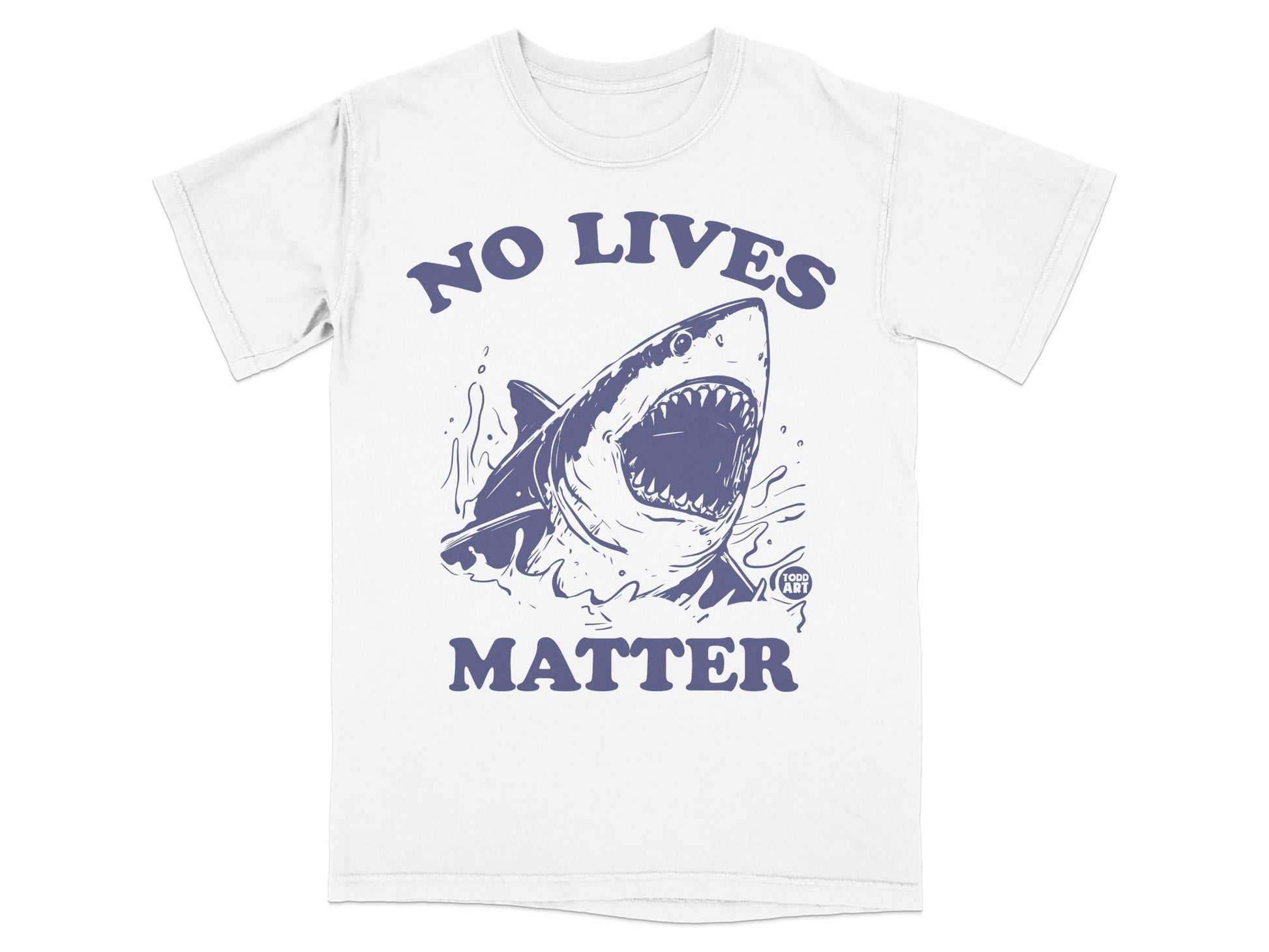 White t-shirt with navy blue graphic of a shark with text "NO LIVES MATTER".