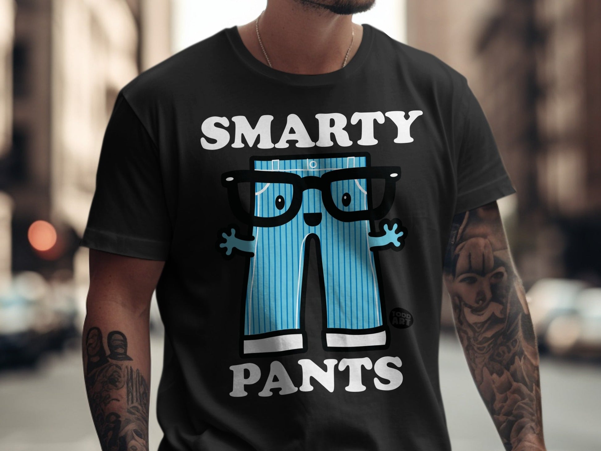 Black t-shirt with "SMARTY PANTS" text and illustrated blue pants with glasses.
