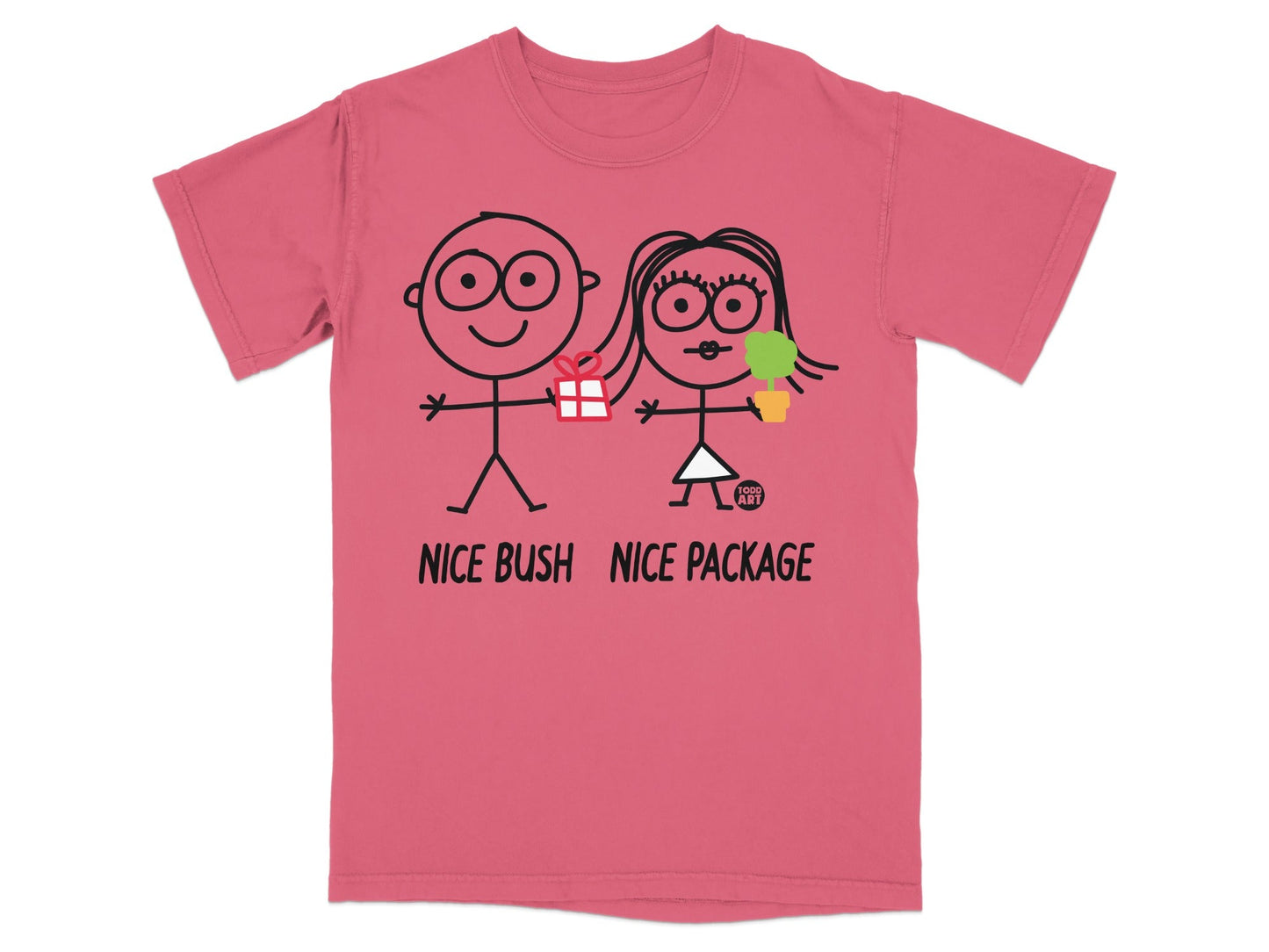 Pink t-shirt with stick figures giving each other gifts, text "NICE BUSH NICE PACKAGE".