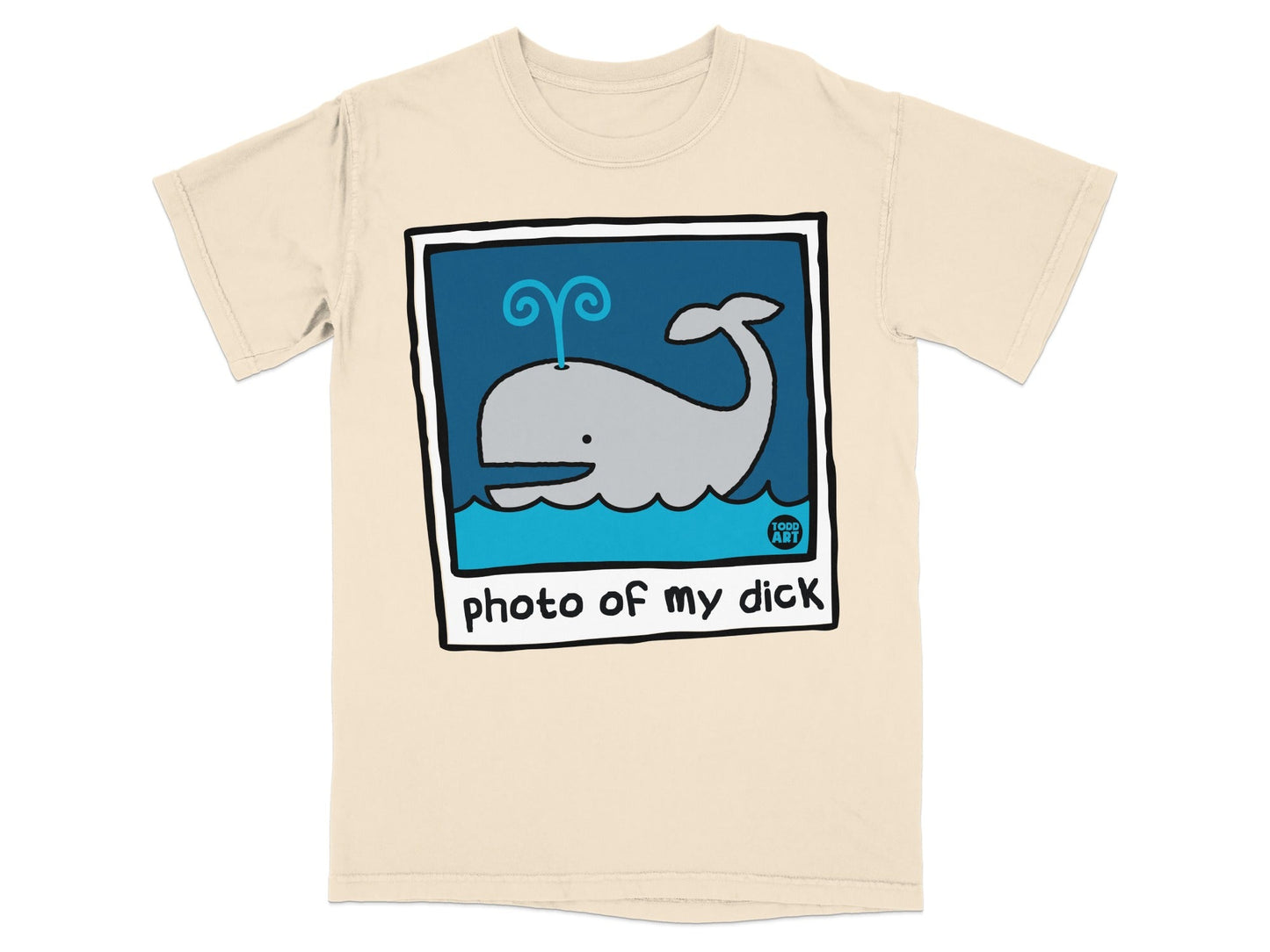 T-shirt featuring a cartoon whale with "photo of my dick" text.