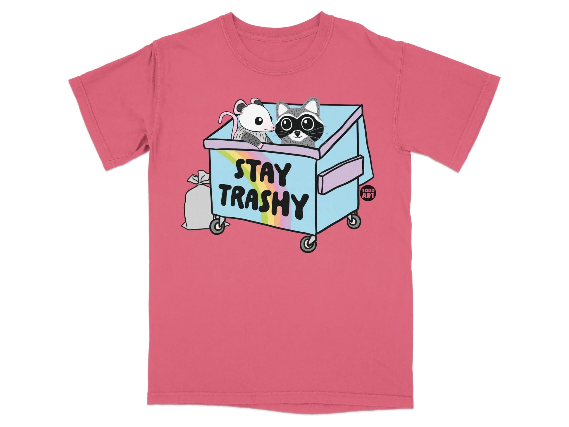 T-shirt with raccoon and mouse in a trash can with rainbow.