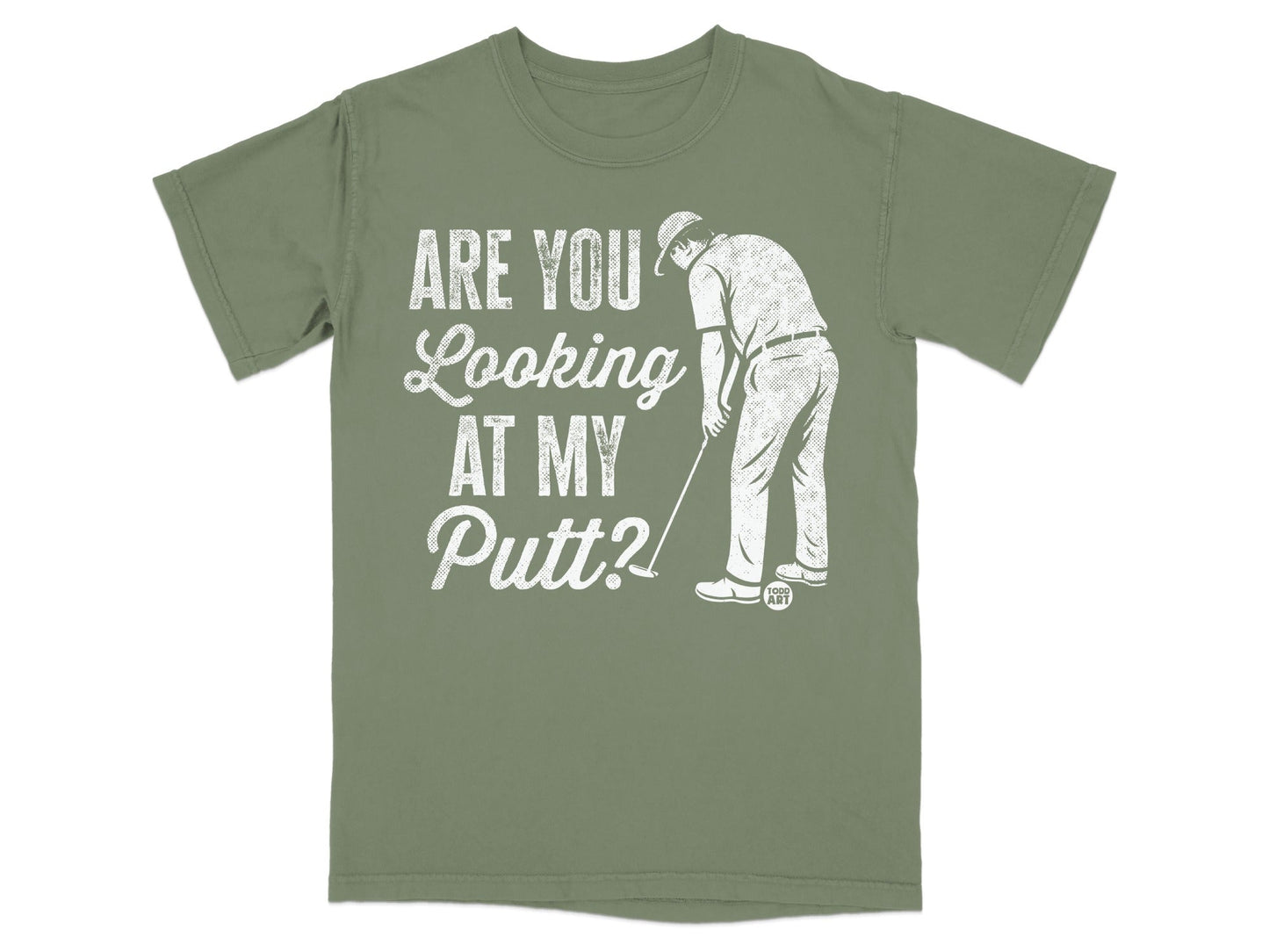Green t-shirt with "Are You Looking At My Putt?" text and golfer graphic.