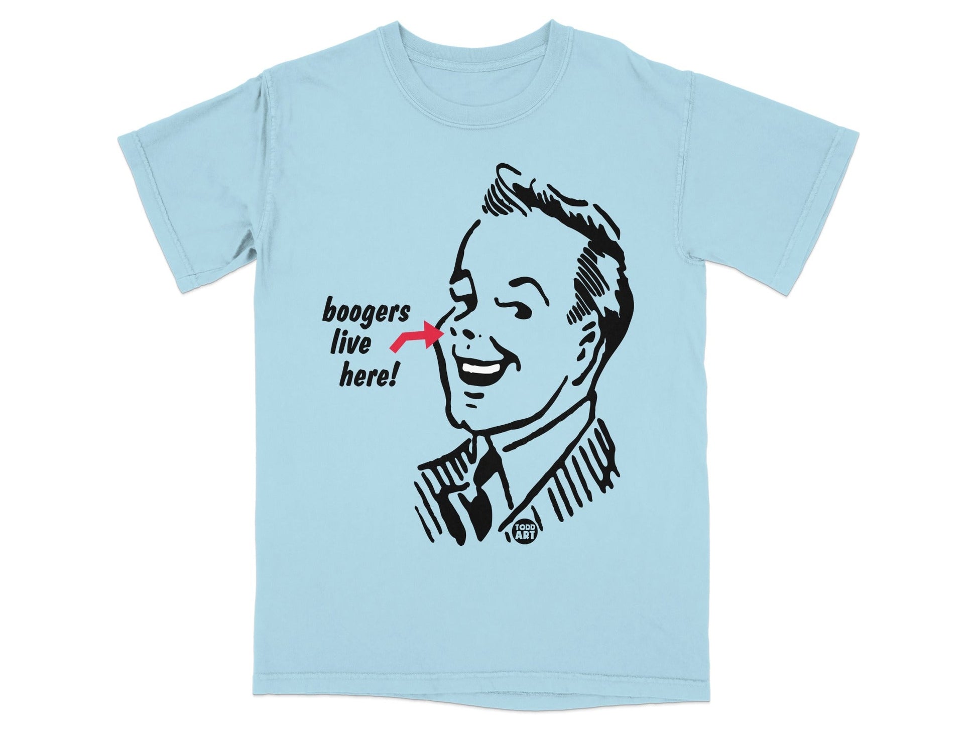 Light blue t-shirt with black line drawing of a smiling man pointing to his nose.