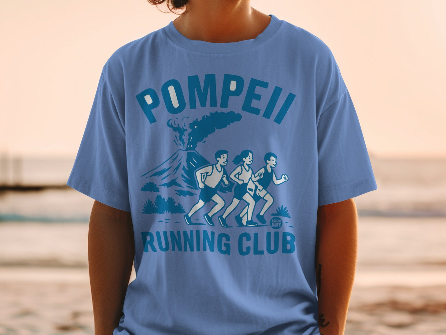 Pompeii Running Club t-shirt with volcano and runners graphic.