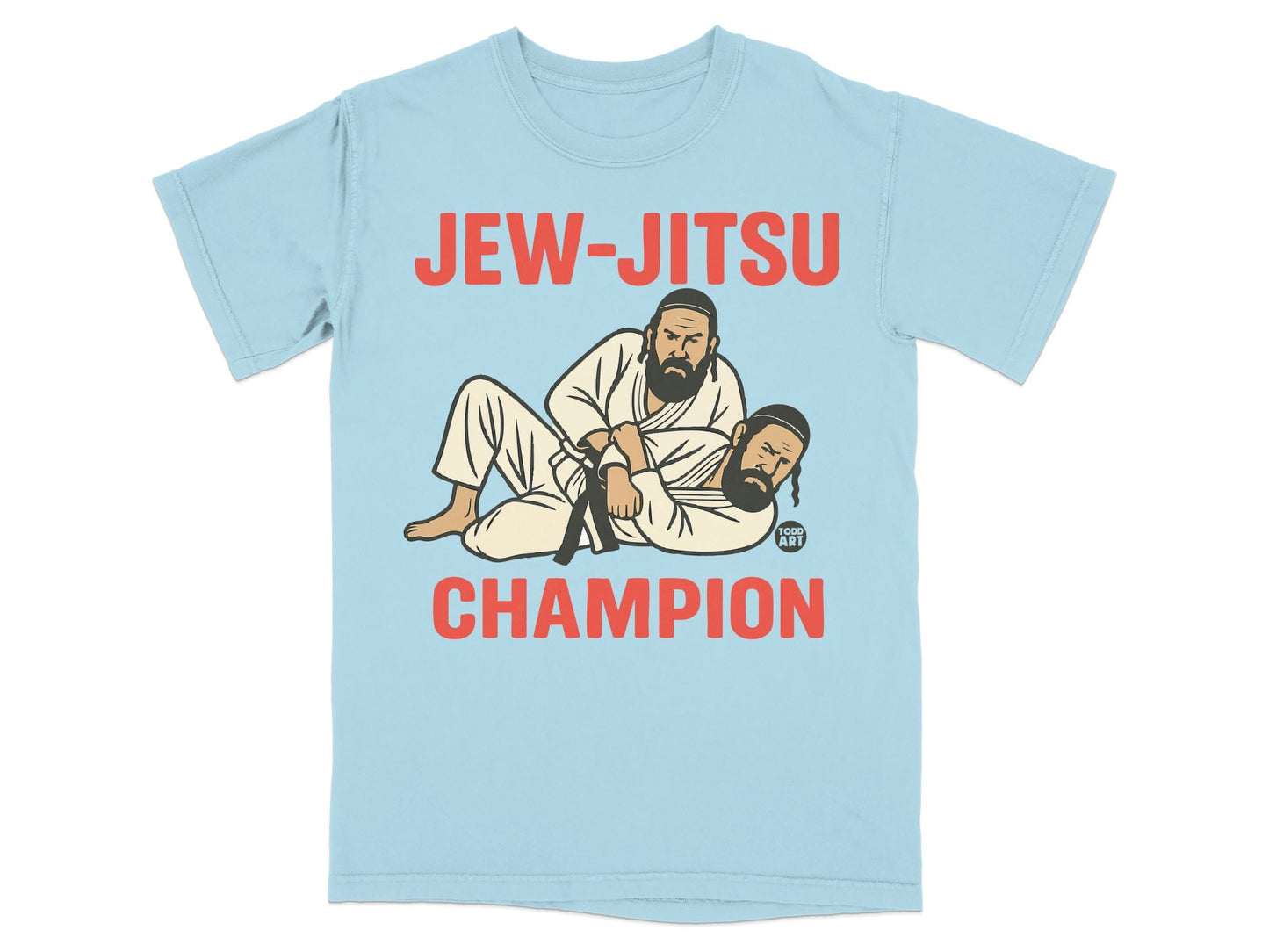 Light blue t-shirt with "JEW-JITSU CHAMPION" text and two men wrestling.