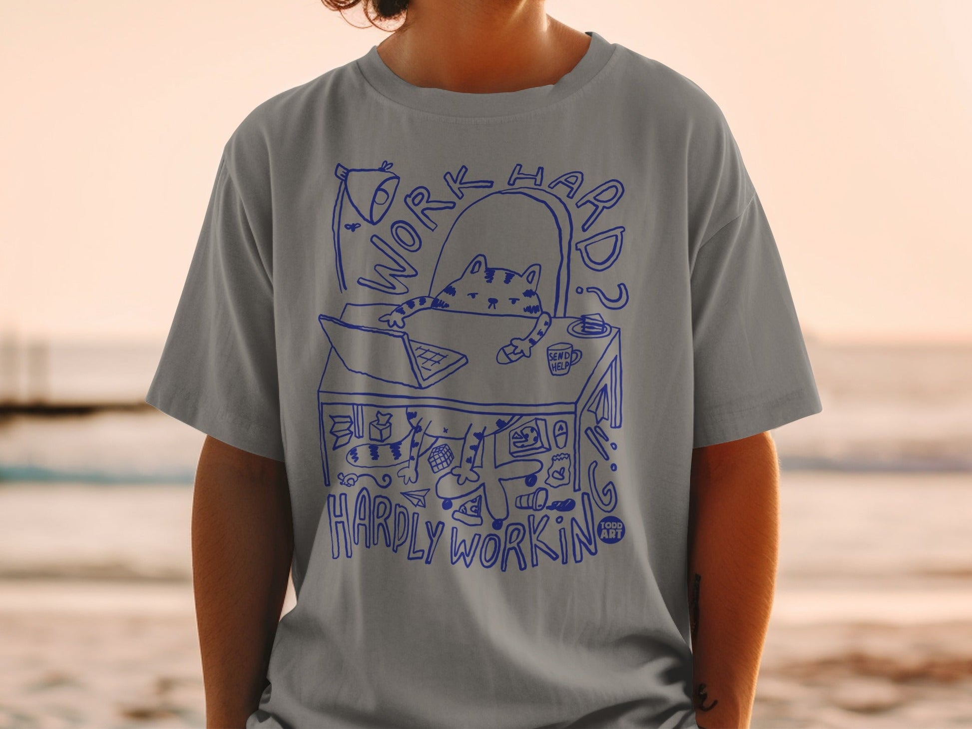 Work Hard Hardly Working Funny Cat Desk Graphic T-Shirt