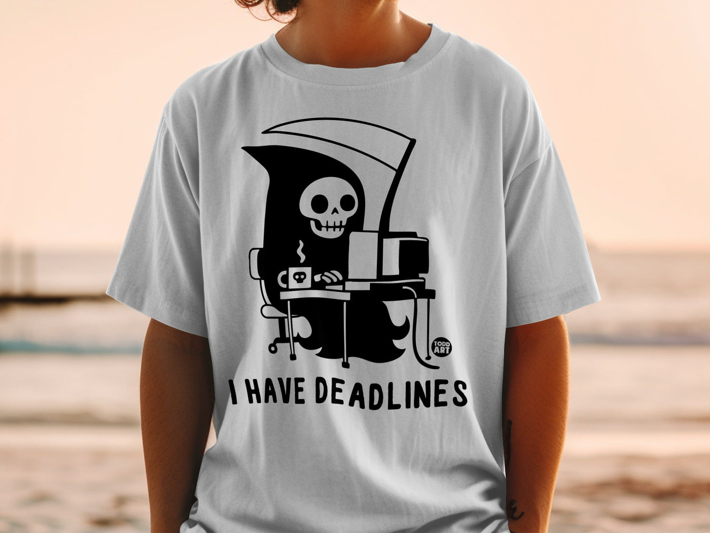 Grim reaper at a computer desk with "I HAVE DEADLINES" text.